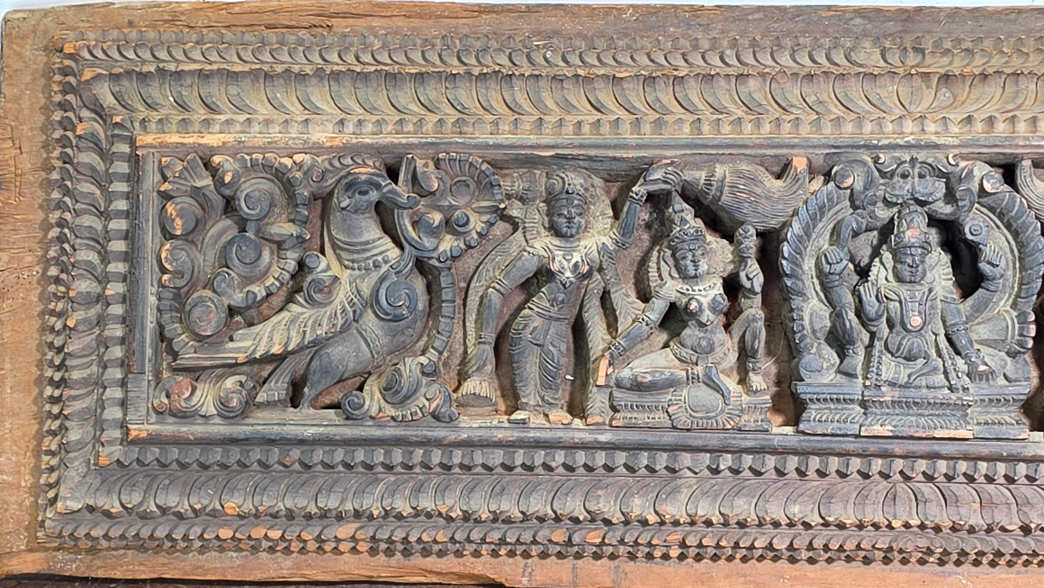 Antique India Wooden Panel Pair Lintel Carved Teak Temple Vishnu Wall Decor 2pc