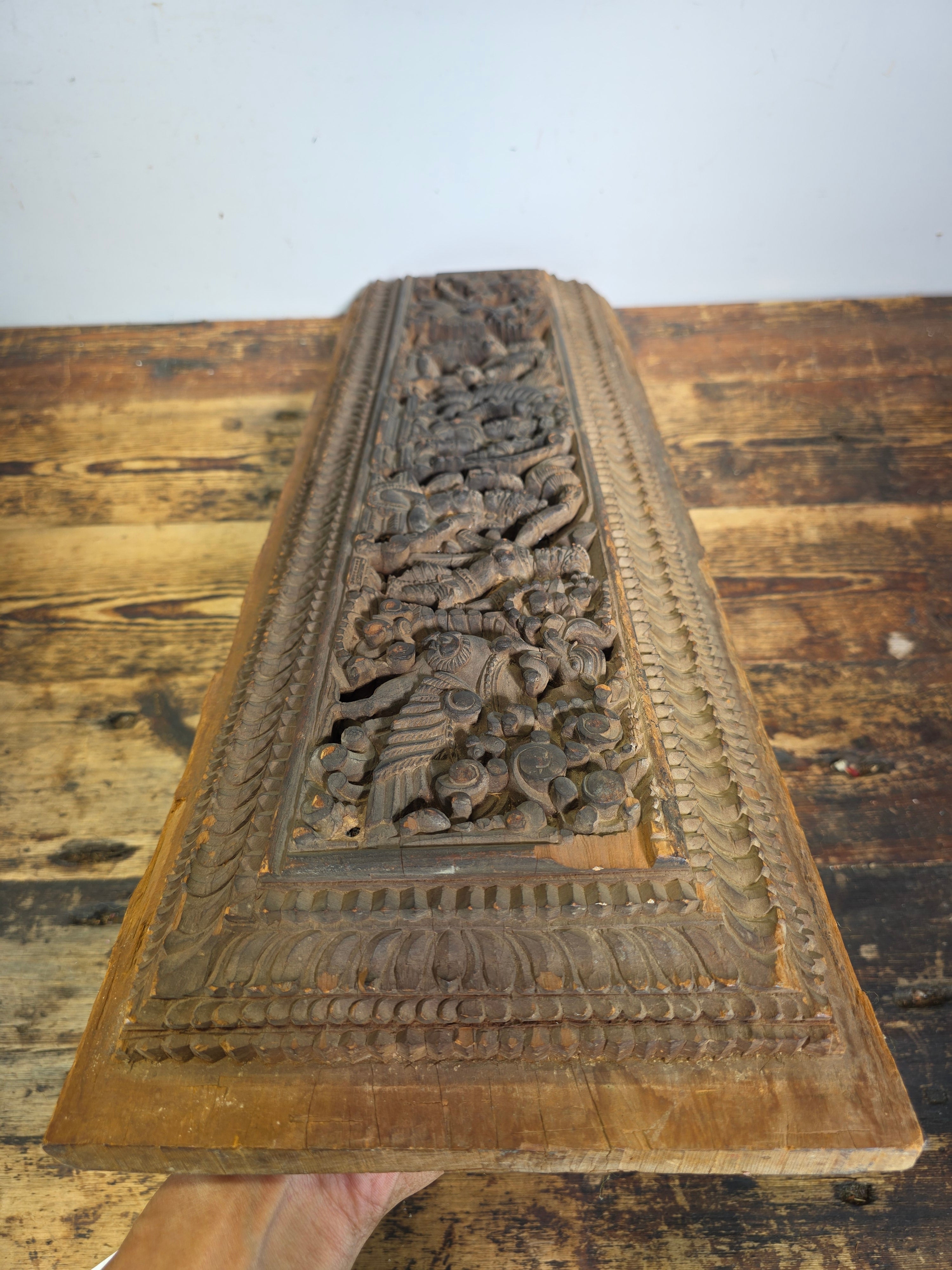 Antique India Wooden Panel Pair Lintel Carved Teak Temple Vishnu Wall Decor 2pc