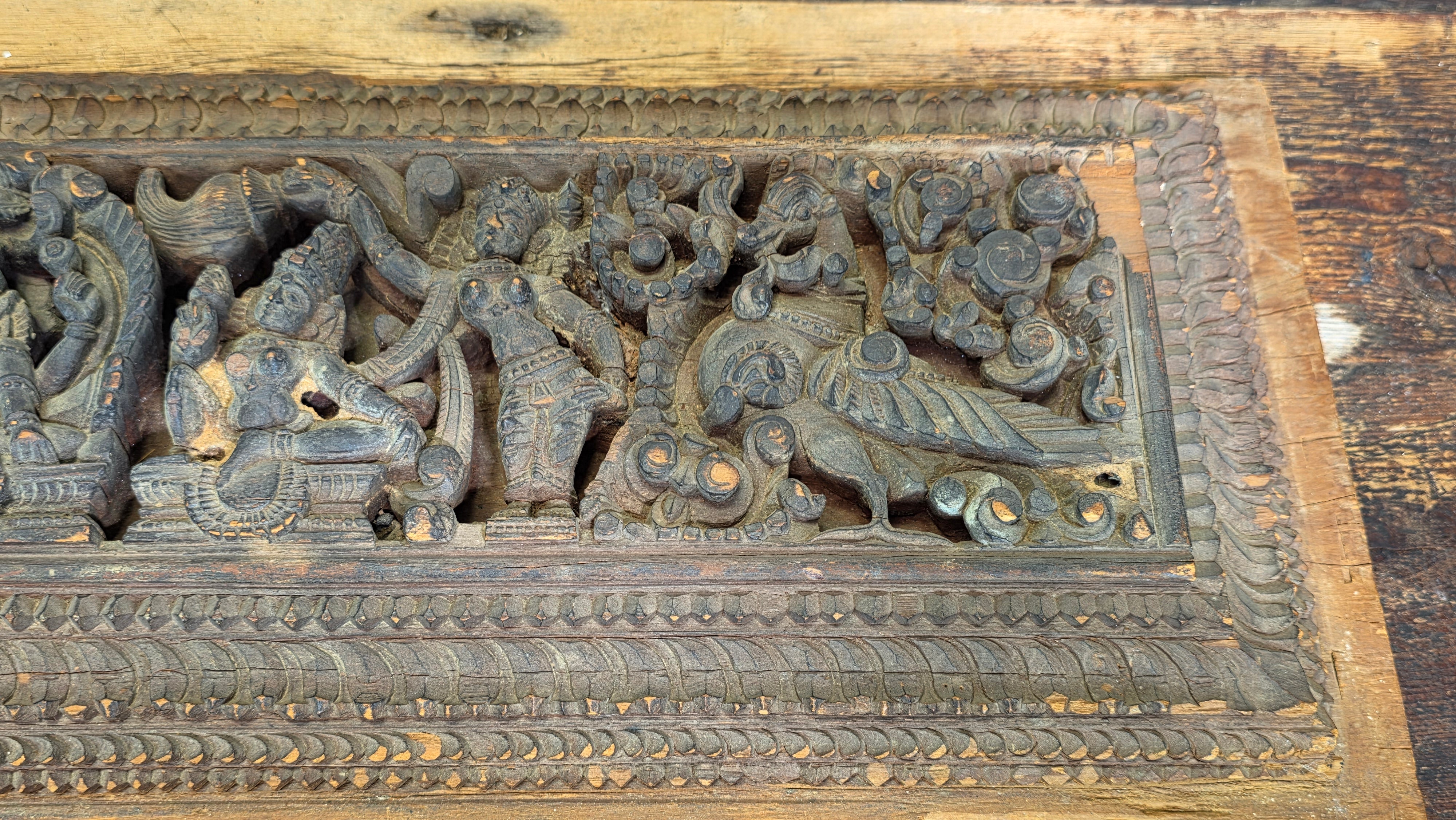 Antique India Wooden Panel Pair Lintel Carved Teak Temple Vishnu Wall Decor 2pc