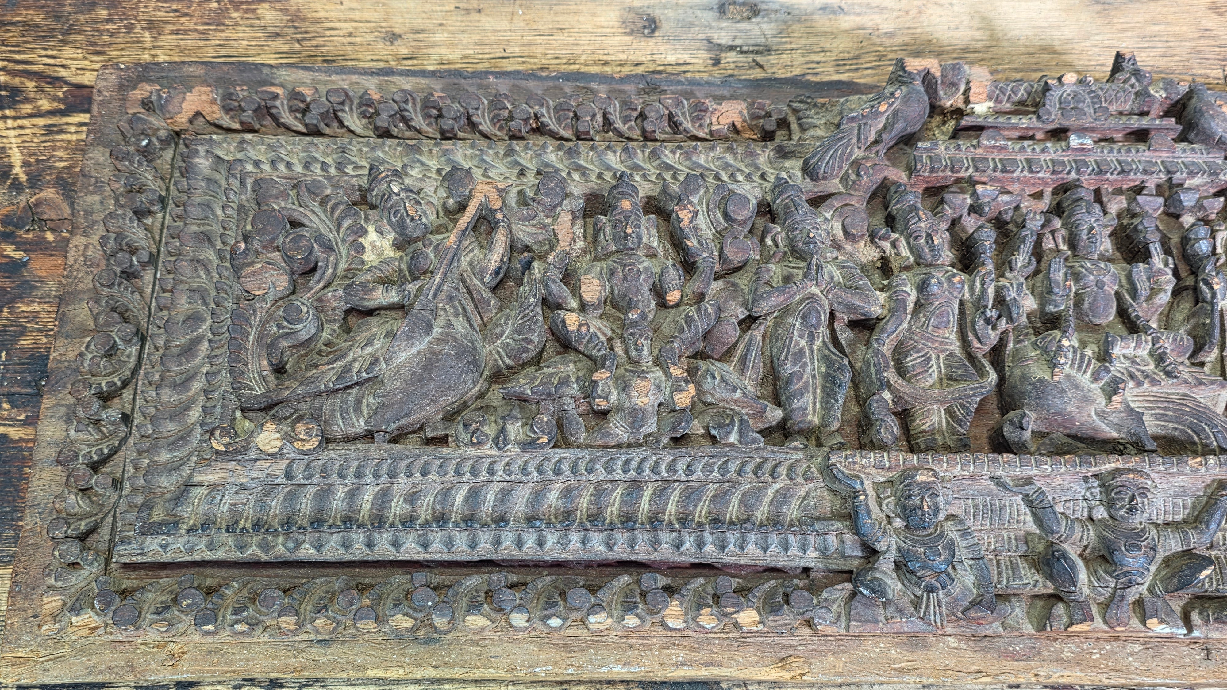 Antique India Wooden Panel Pair Lintel Carved Teak Temple Vishnu Wall Decor 2pc