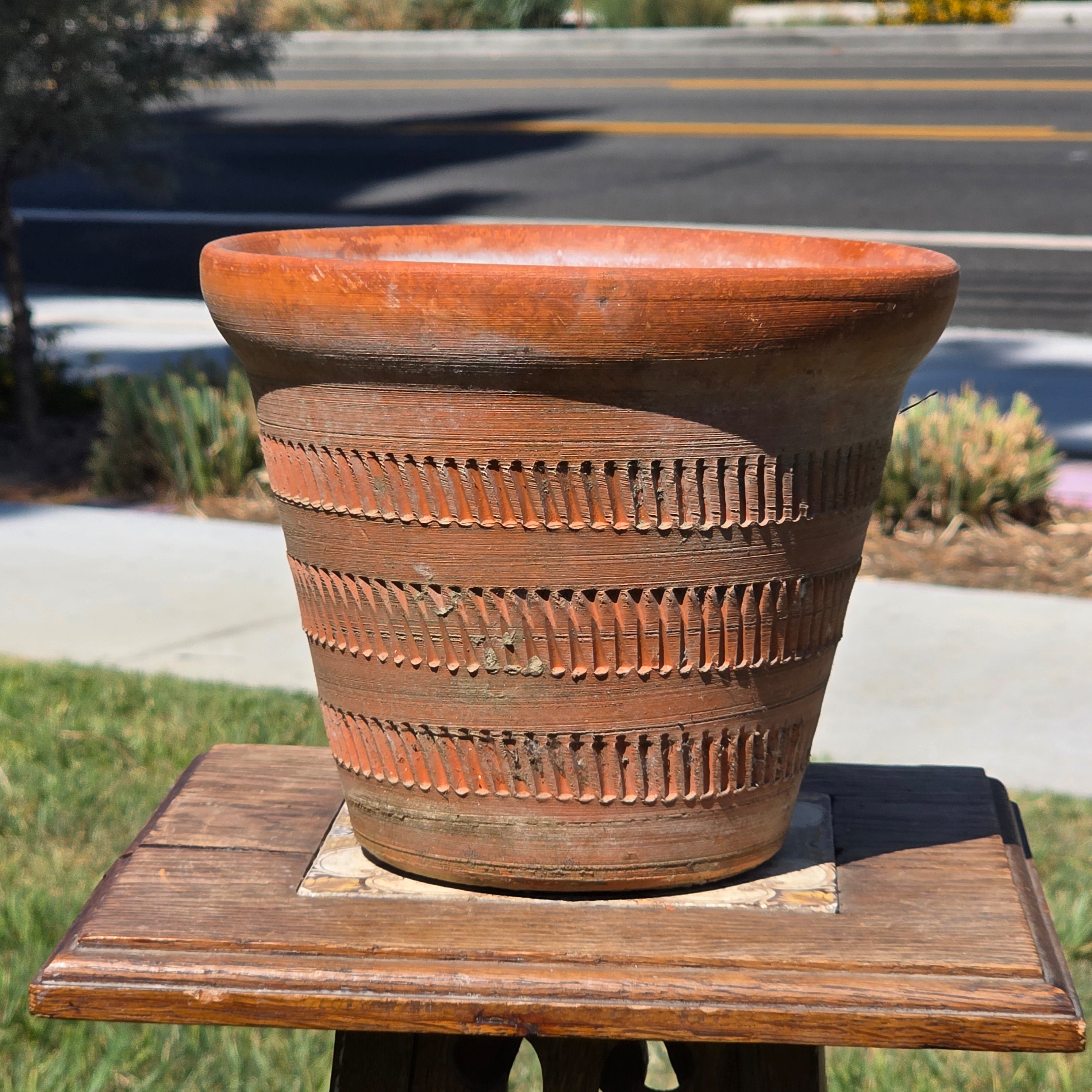 Vintage Oaxaca Style Mexican Terracotta Planter Hand Etched Clay Pot Folk Art 8.5"