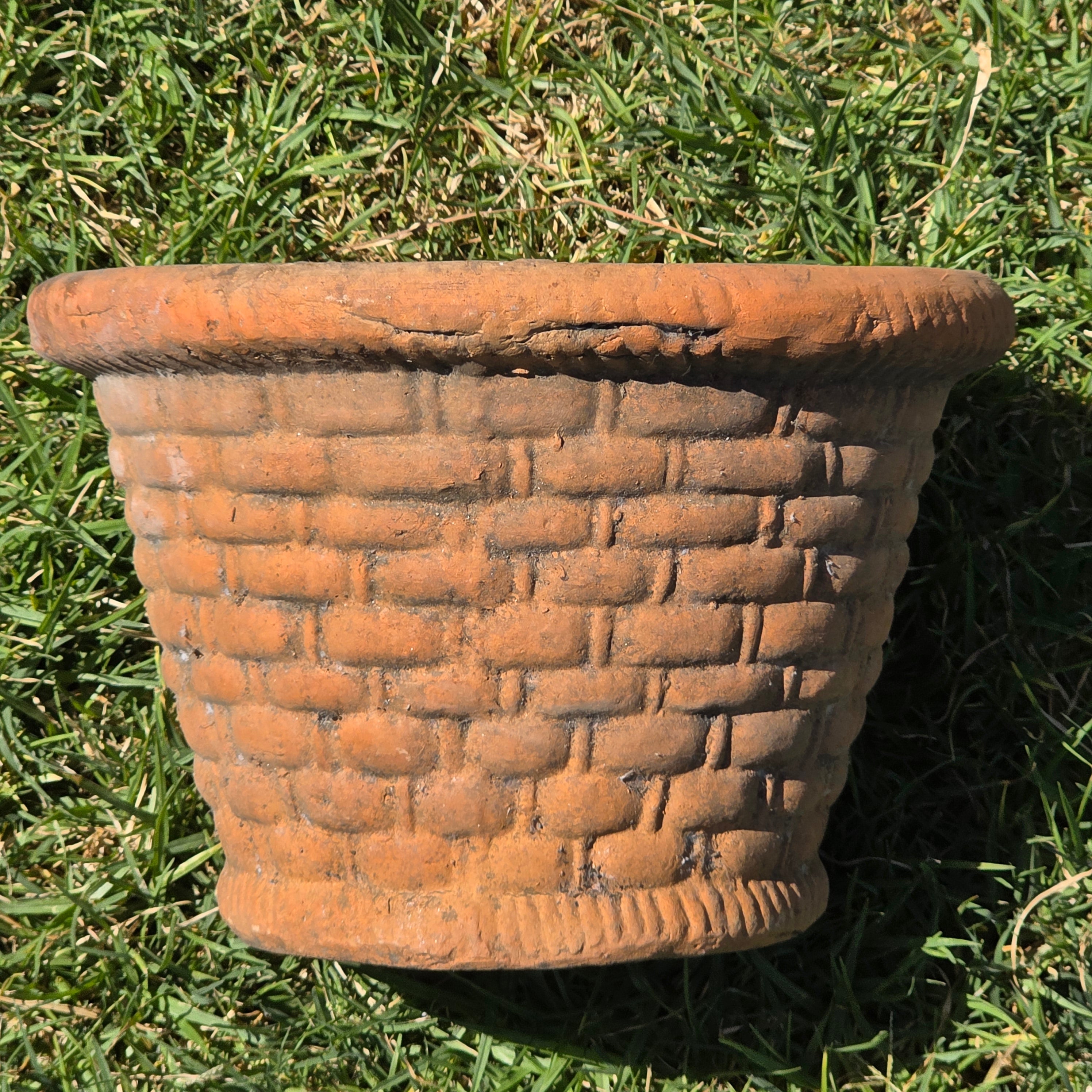 Vintage Terracotta Planter Basketweave Clay Pot Rope Rim Garden Rustic Heavy 11"