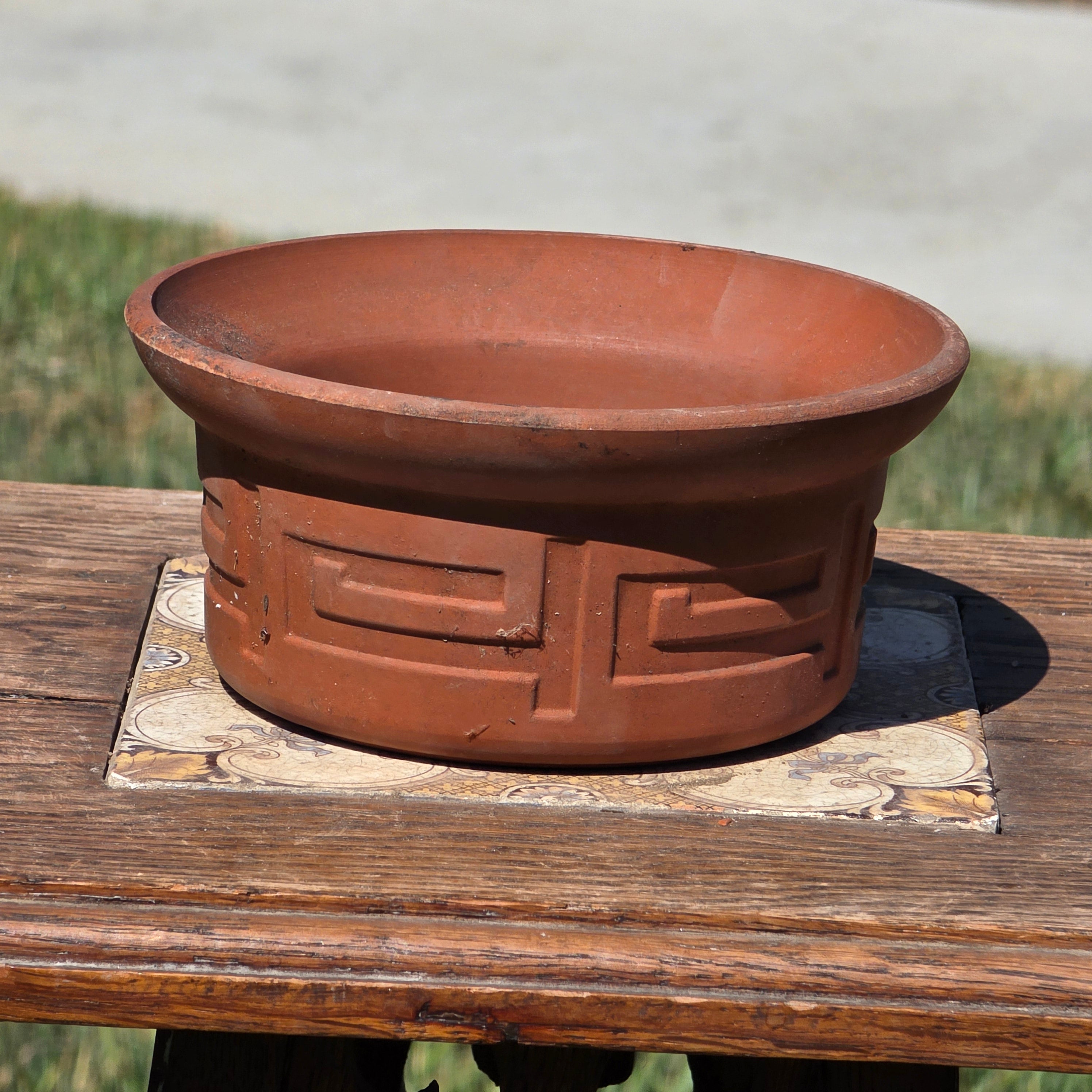 Vintage Greek Key Terracotta Candle Holder Planter Pot Cactus Succulent Clay 6"
