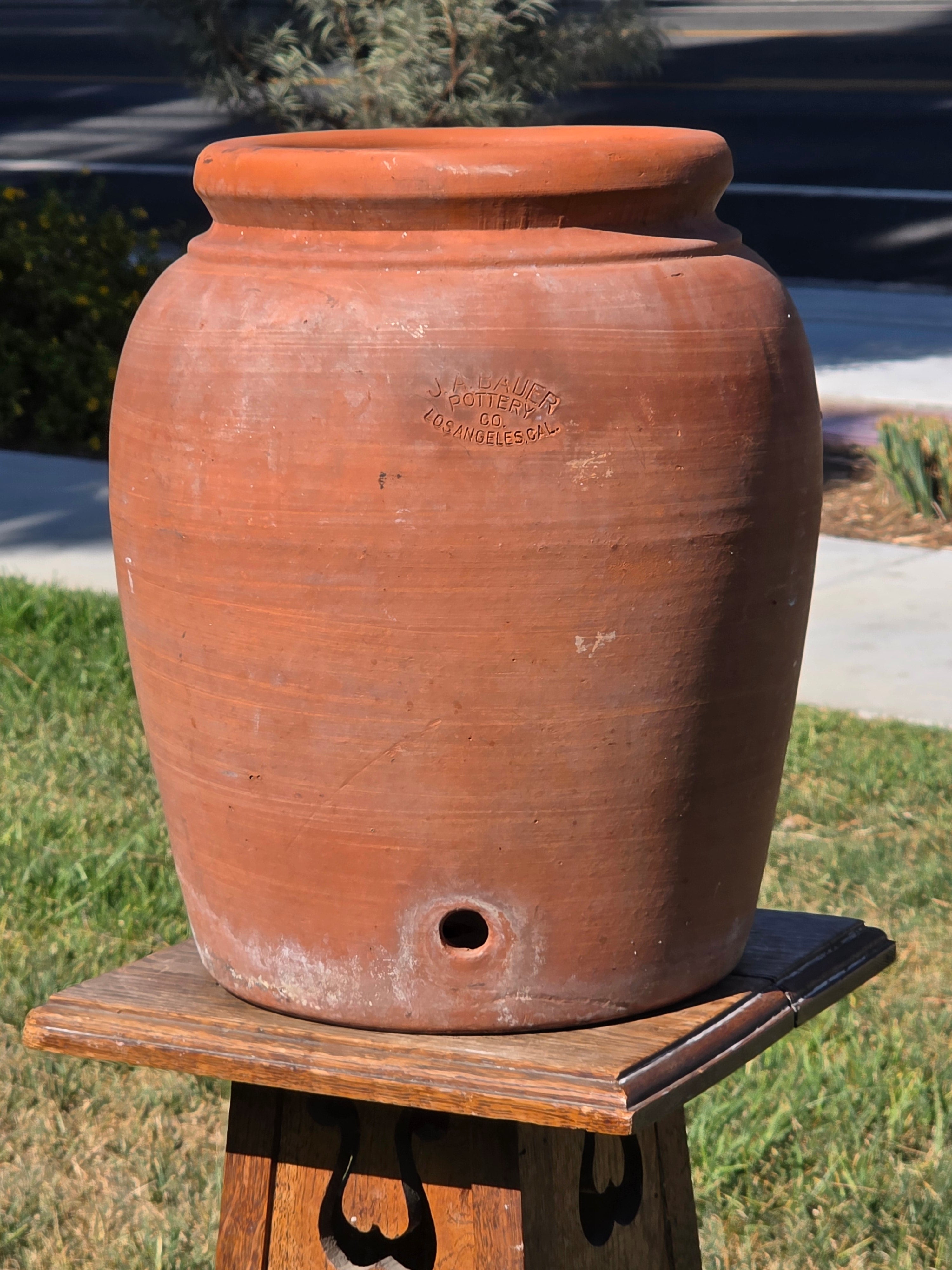 Antique JA Bauer Pottery Terracotta Water Jar Crock Los Angeles Clay Planter Pot