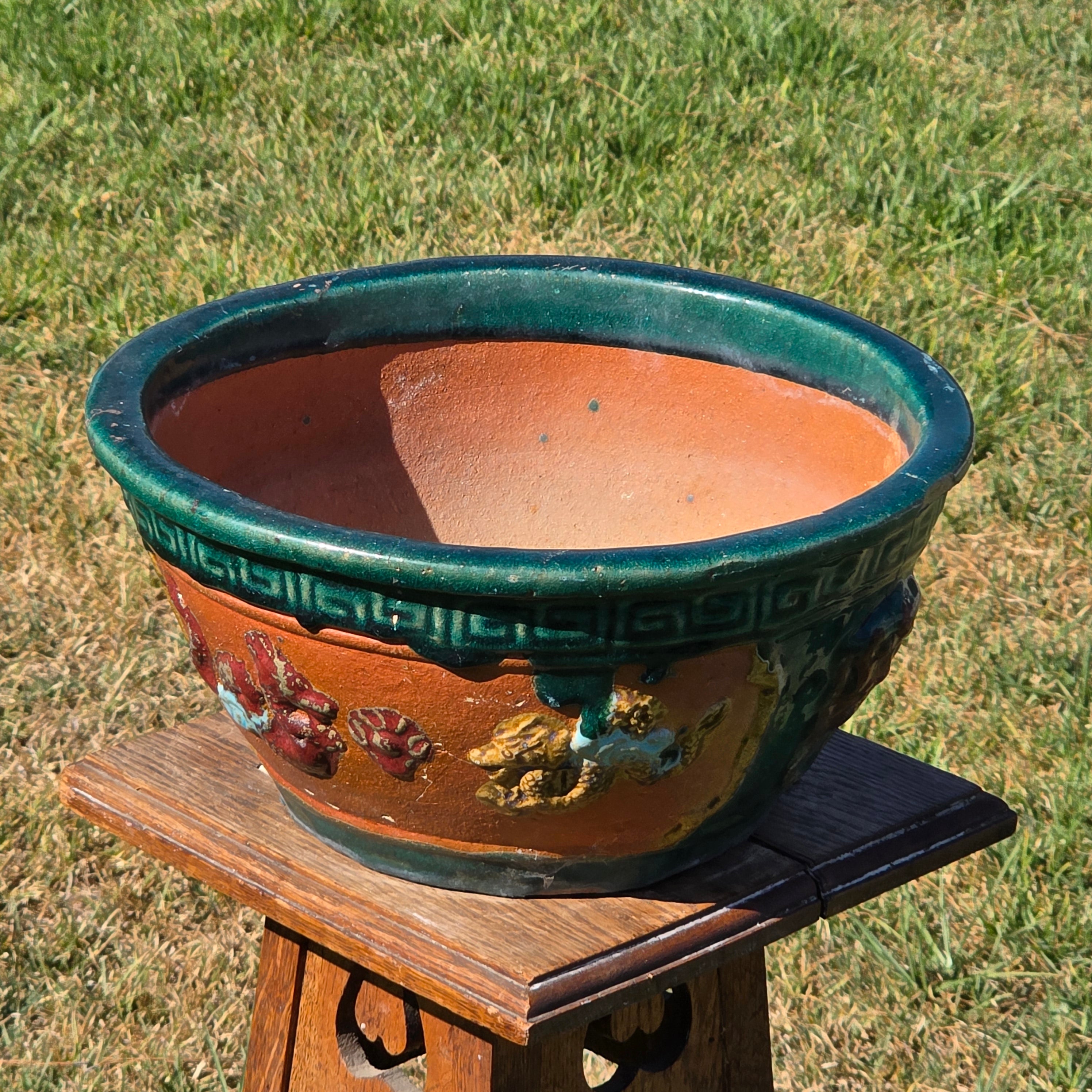 Vintage Chinese Dragon Terracotta Planter Green Glaze Relief Jardiniere 13.5" (Sold AS-IS)