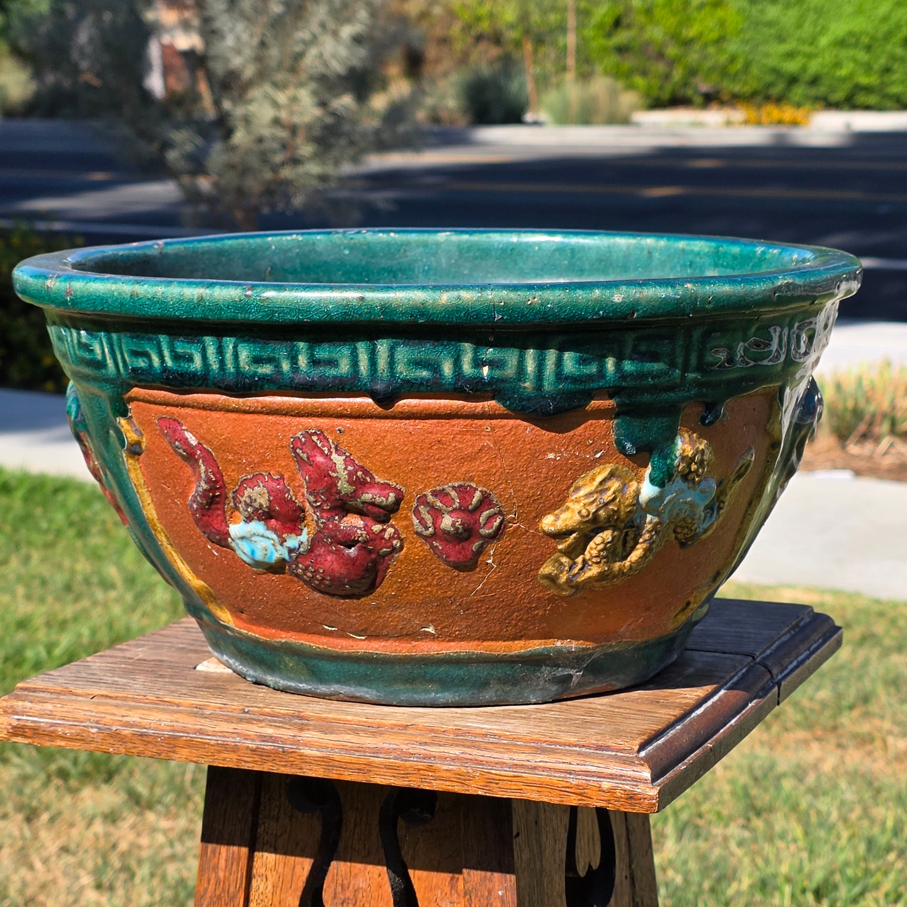 Vintage Chinese Dragon Terracotta Planter Green Glaze Relief Jardiniere 13.5" (Sold AS-IS)