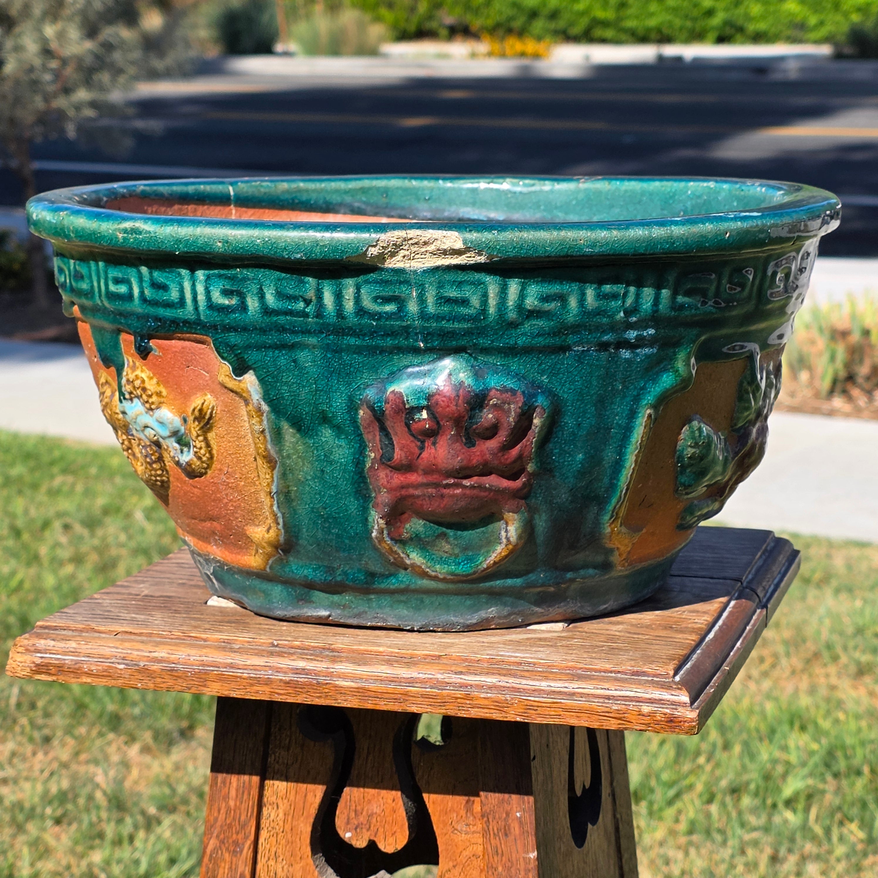 Vintage Chinese Dragon Terracotta Planter Green Glaze Relief Jardiniere 13.5" (Sold AS-IS)