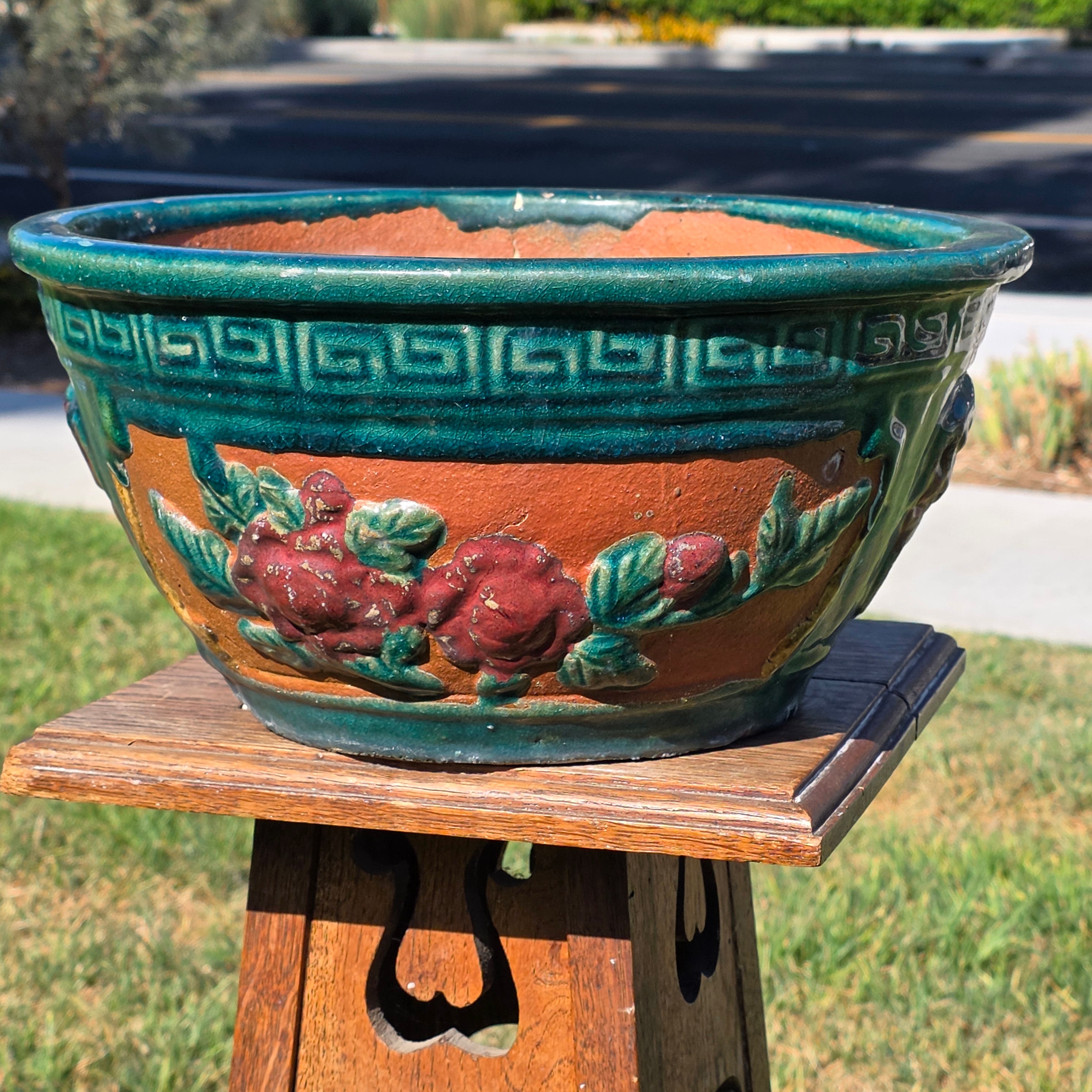 Vintage Chinese Dragon Terracotta Planter Green Glaze Relief Jardiniere 13.5" (Sold AS-IS)