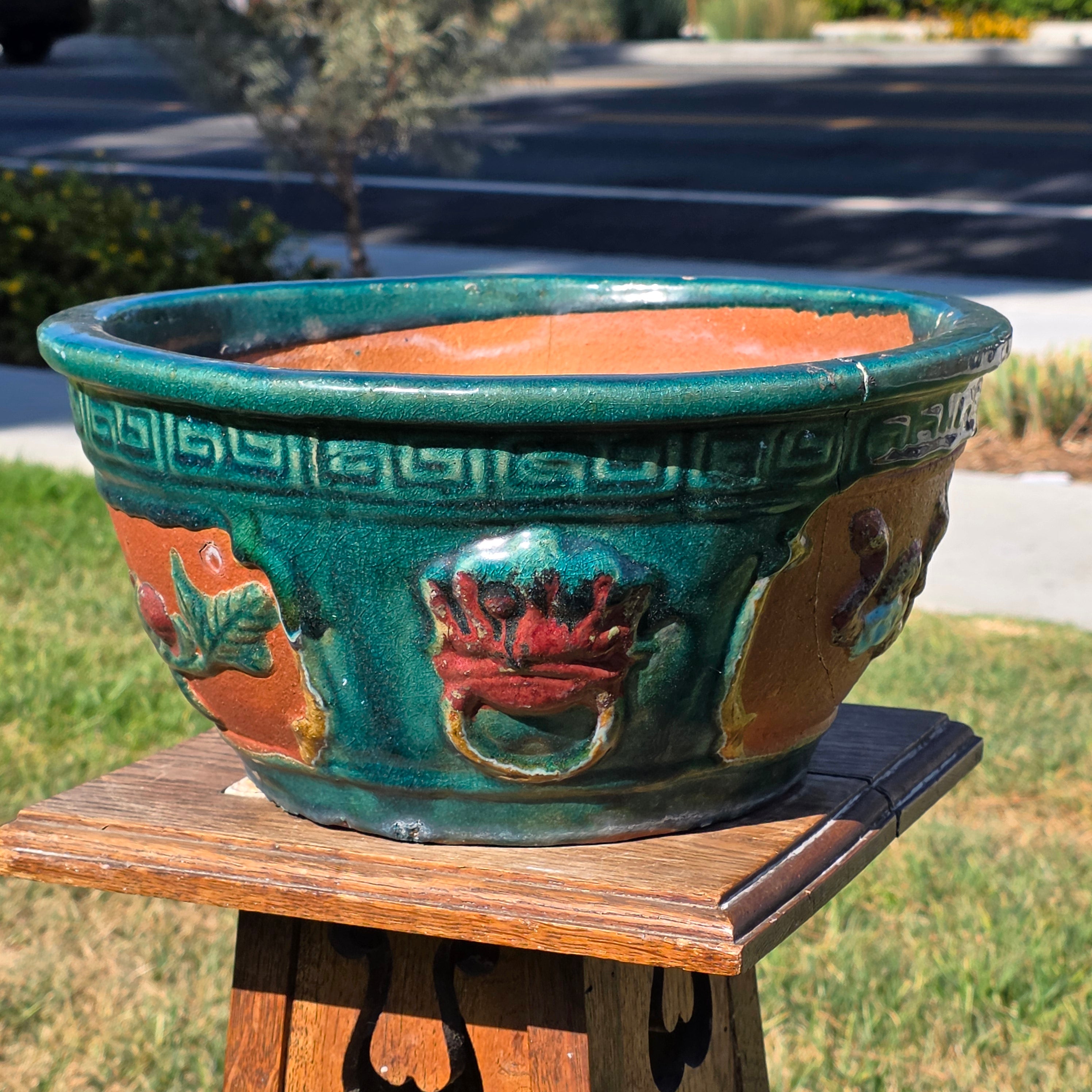 Vintage Chinese Dragon Terracotta Planter Green Glaze Relief Jardiniere 13.5" (Sold AS-IS)