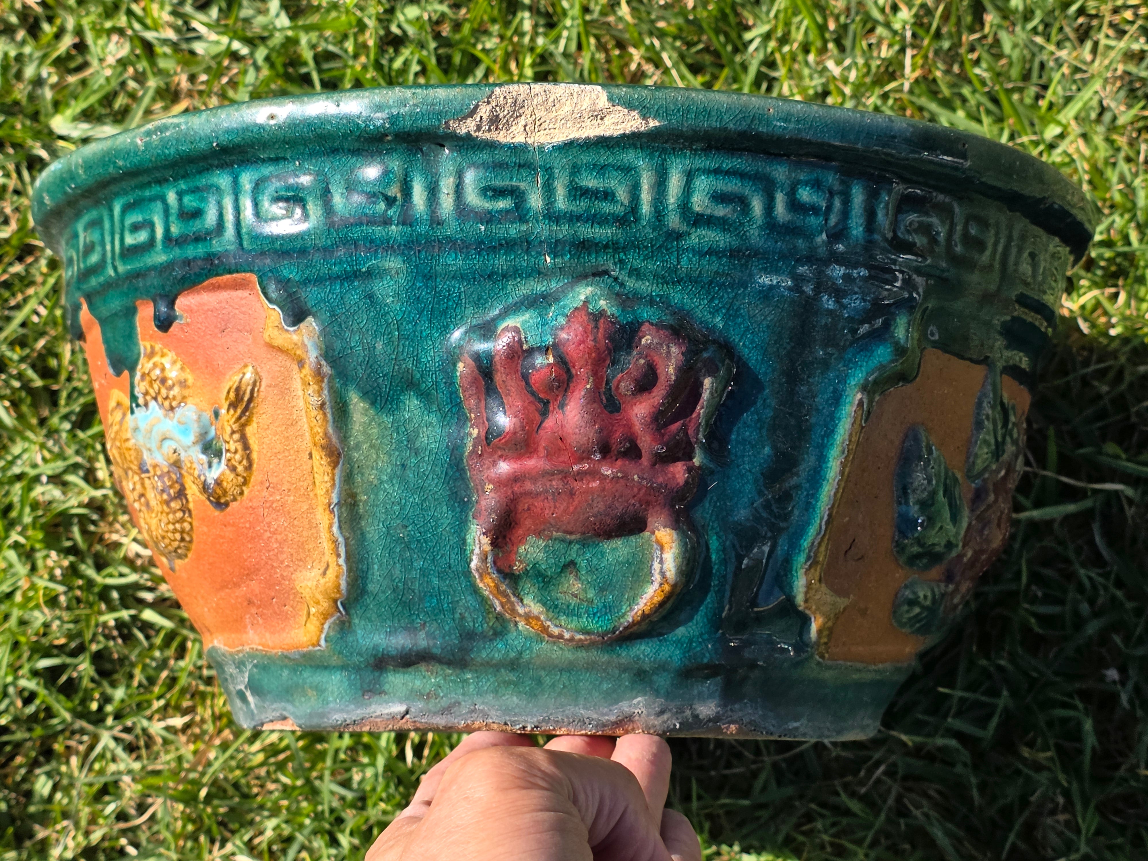 Vintage Chinese Dragon Terracotta Planter Green Glaze Relief Jardiniere 13.5" (Sold AS-IS)