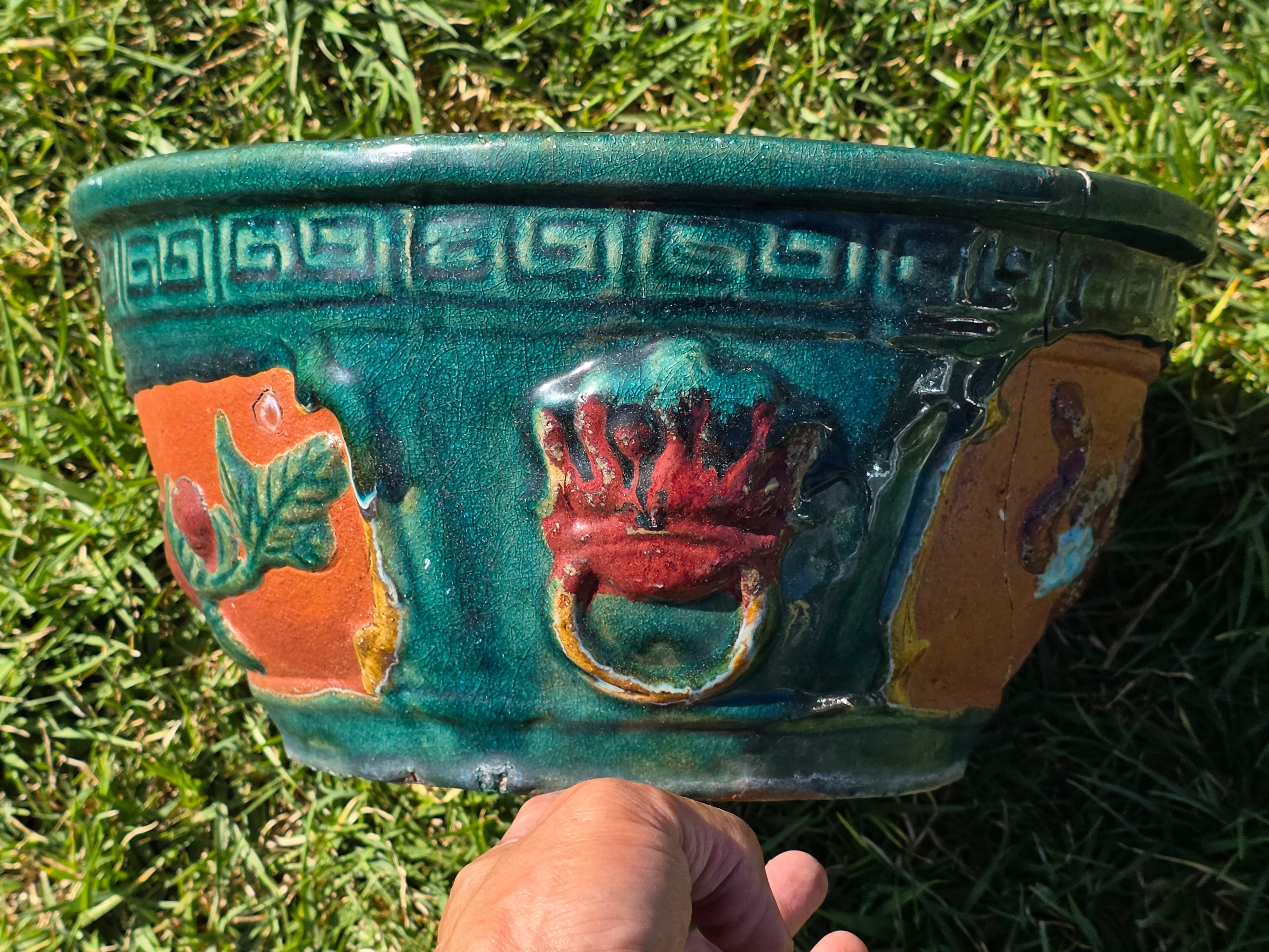 Vintage Chinese Dragon Terracotta Planter Green Glaze Relief Jardiniere 13.5" (Sold AS-IS)
