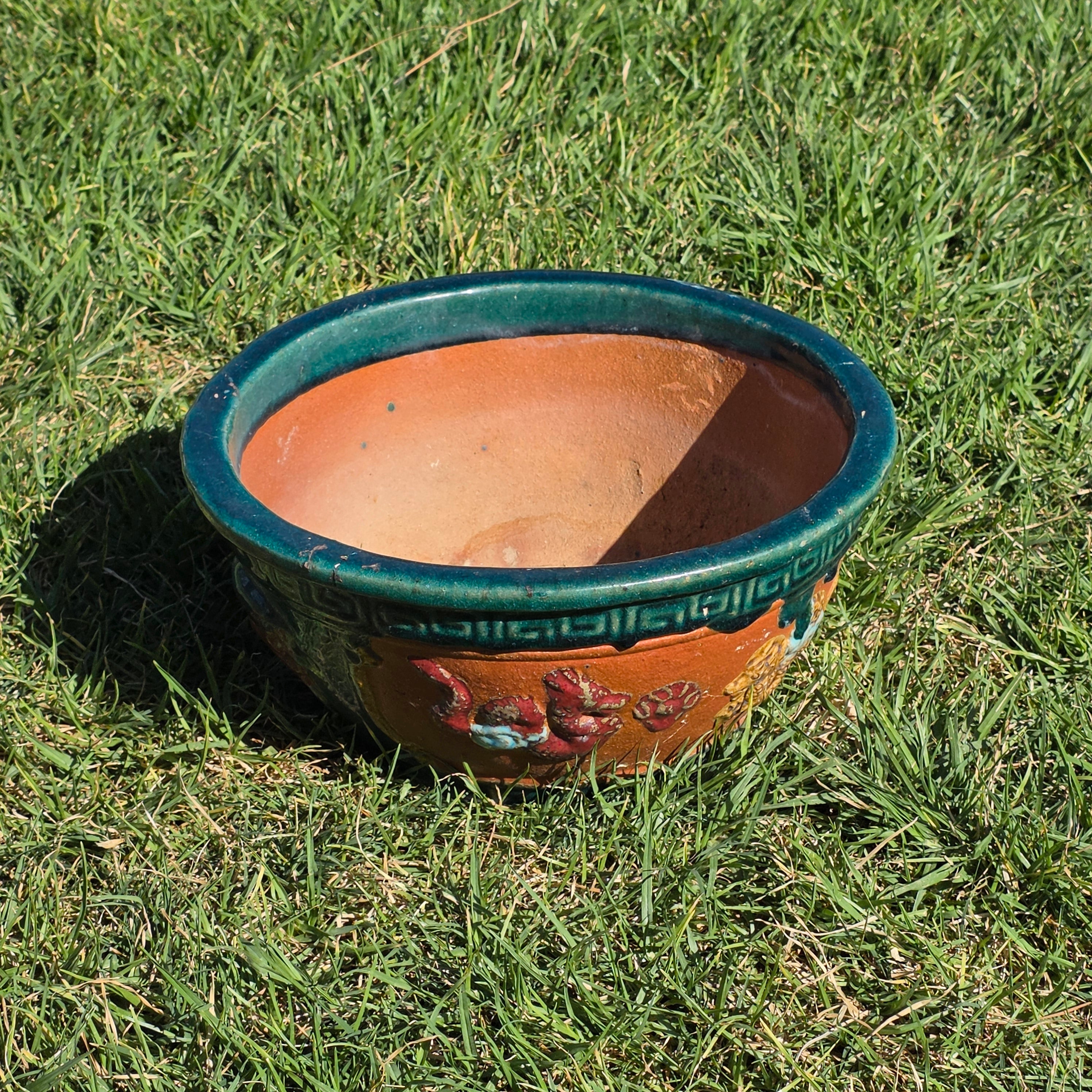 Vintage Chinese Dragon Terracotta Planter Green Glaze Relief Jardiniere 13.5" (Sold AS-IS)