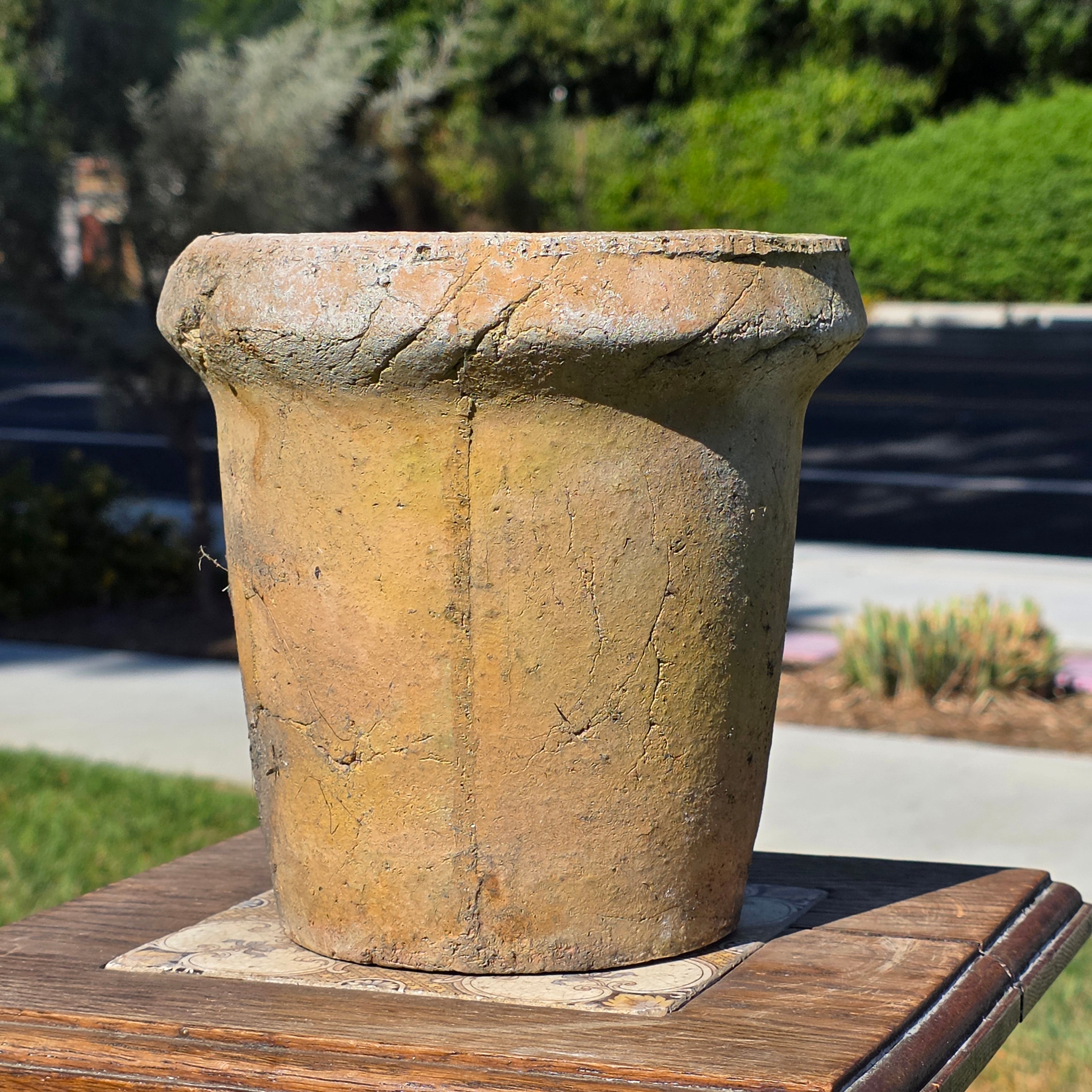 Vintage Brutalist Clay Cachepot Planter Rustic Garden Patina Flower Pot 7.5"
