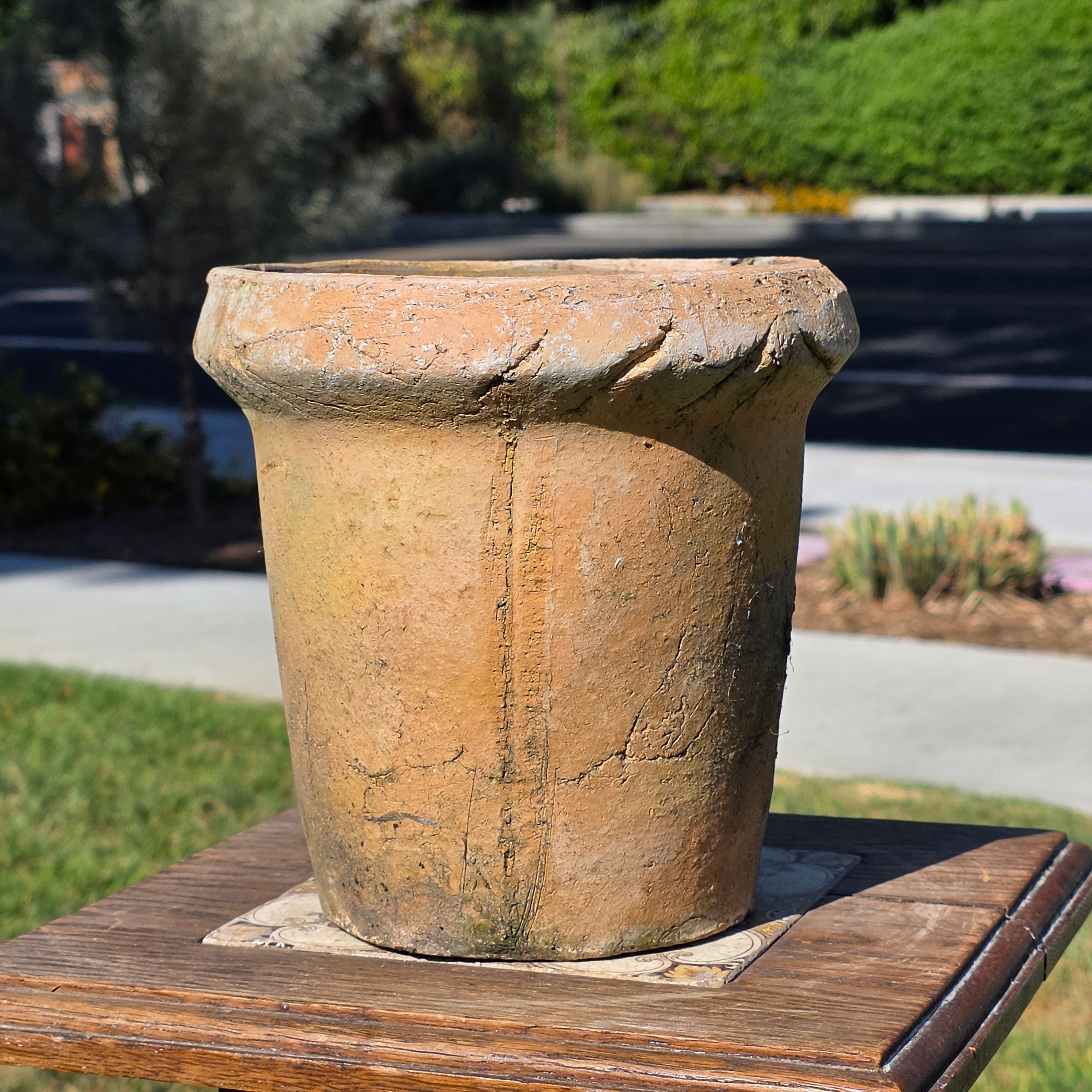 Vintage Brutalist Clay Cachepot Planter Rustic Garden Patina Flower Pot 7.5"