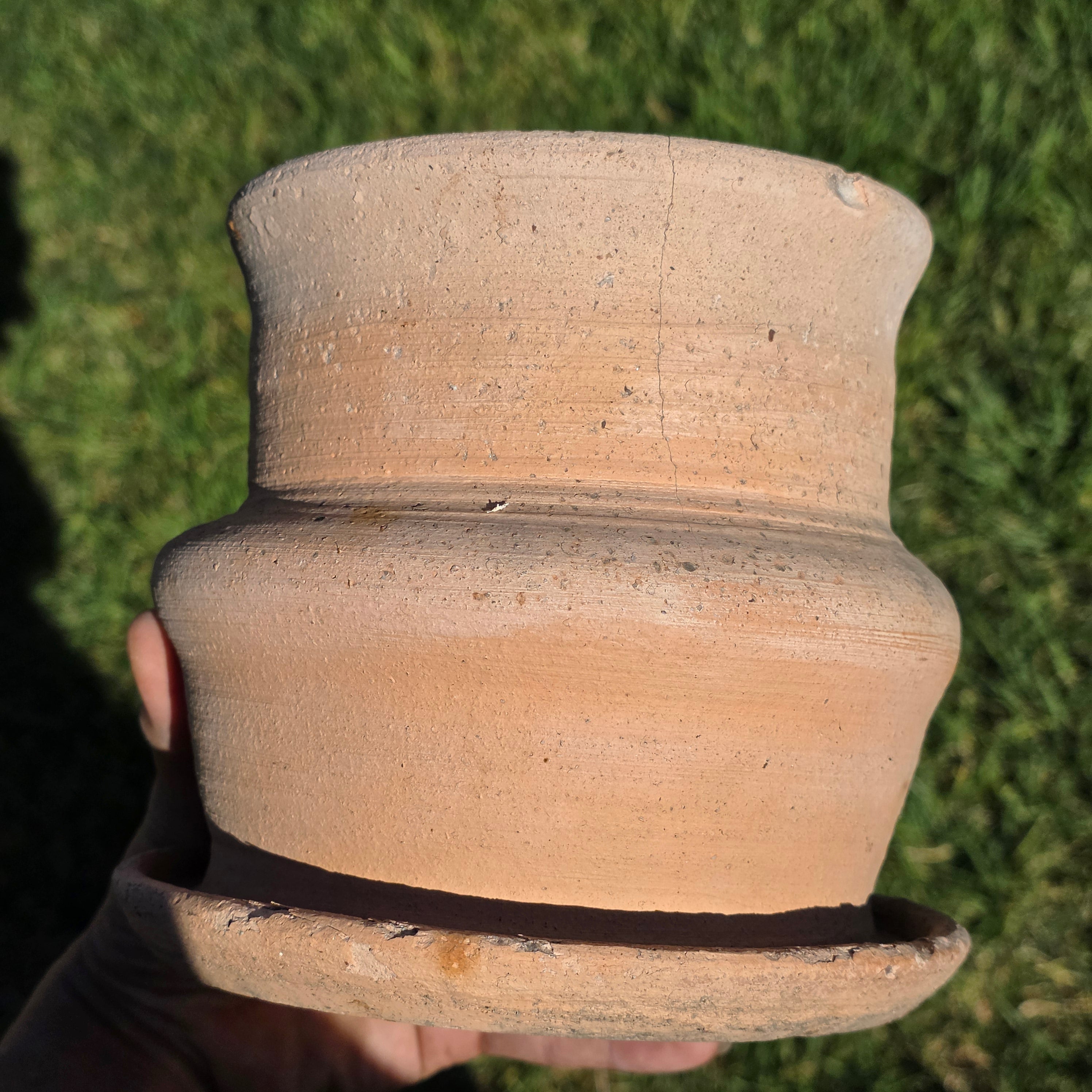 Vintage Terracotta Planter Attached Saucer Stepped Clay Pot Signed G 6.75"