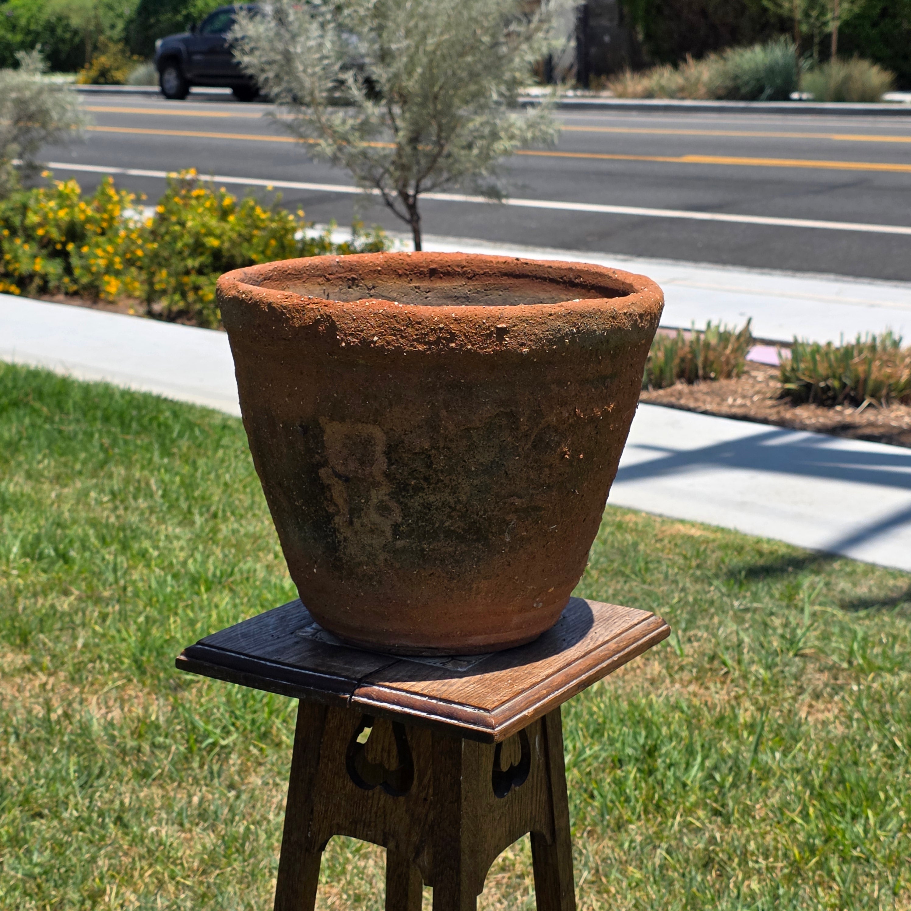 Vintage Tuscan Terracotta Planter Moss Patina Ribbed Clay Flower Pot 13" Round