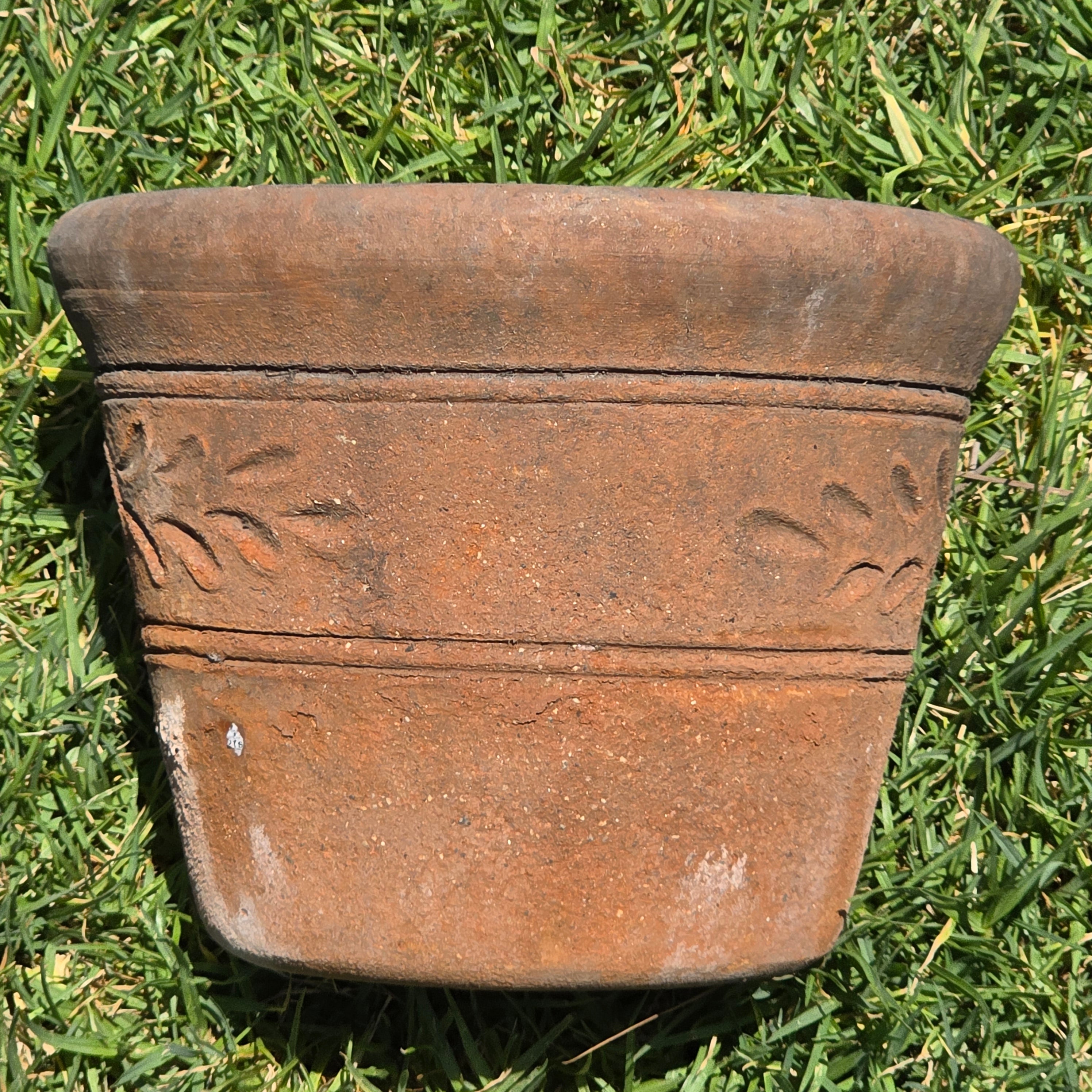 Vintage Mexican Terracotta Planter Pot w/ Saucer Embossed Leaf Southwestern 10"