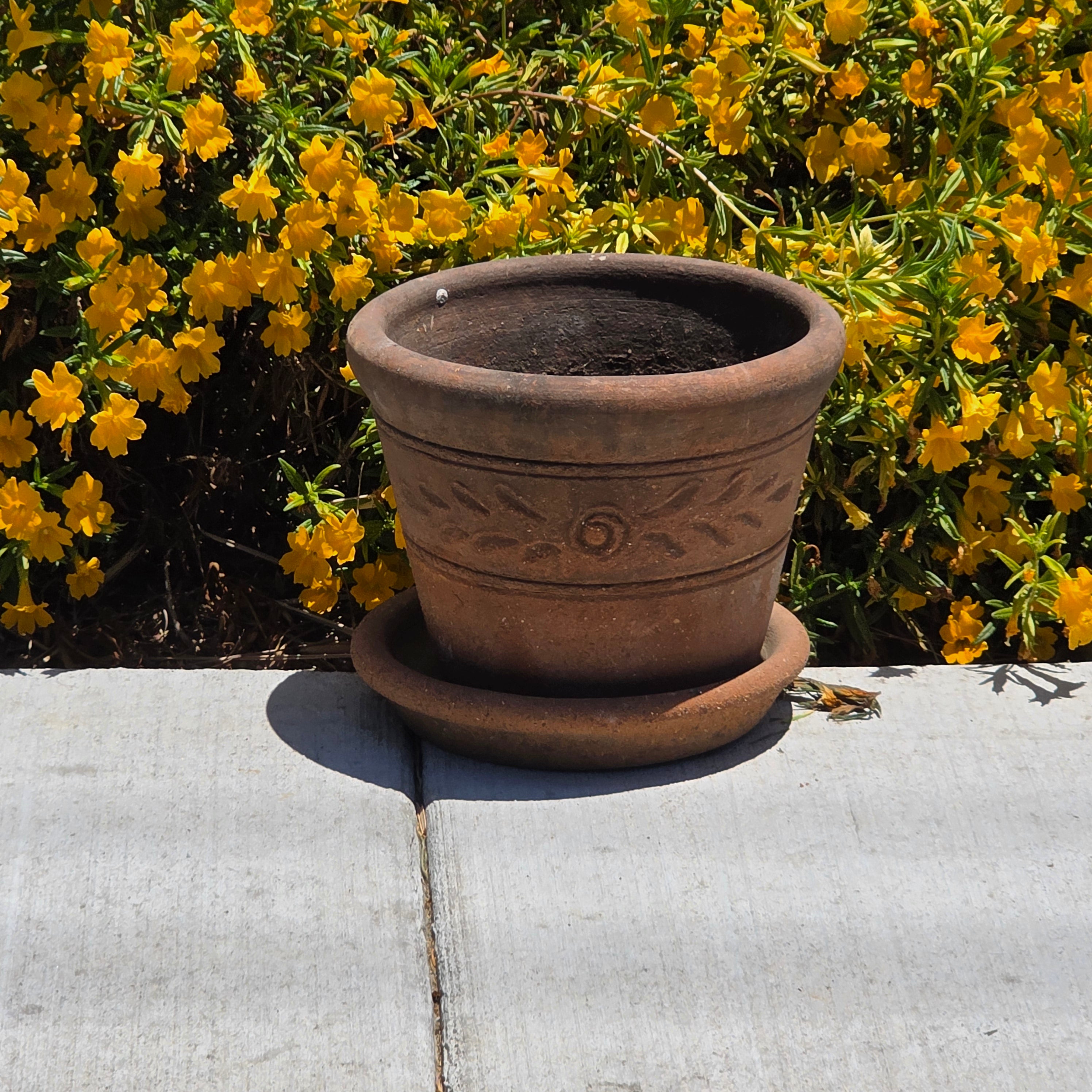 Vintage Mexican Terracotta Planter Pot w/ Saucer Embossed Leaf Southwestern 10"