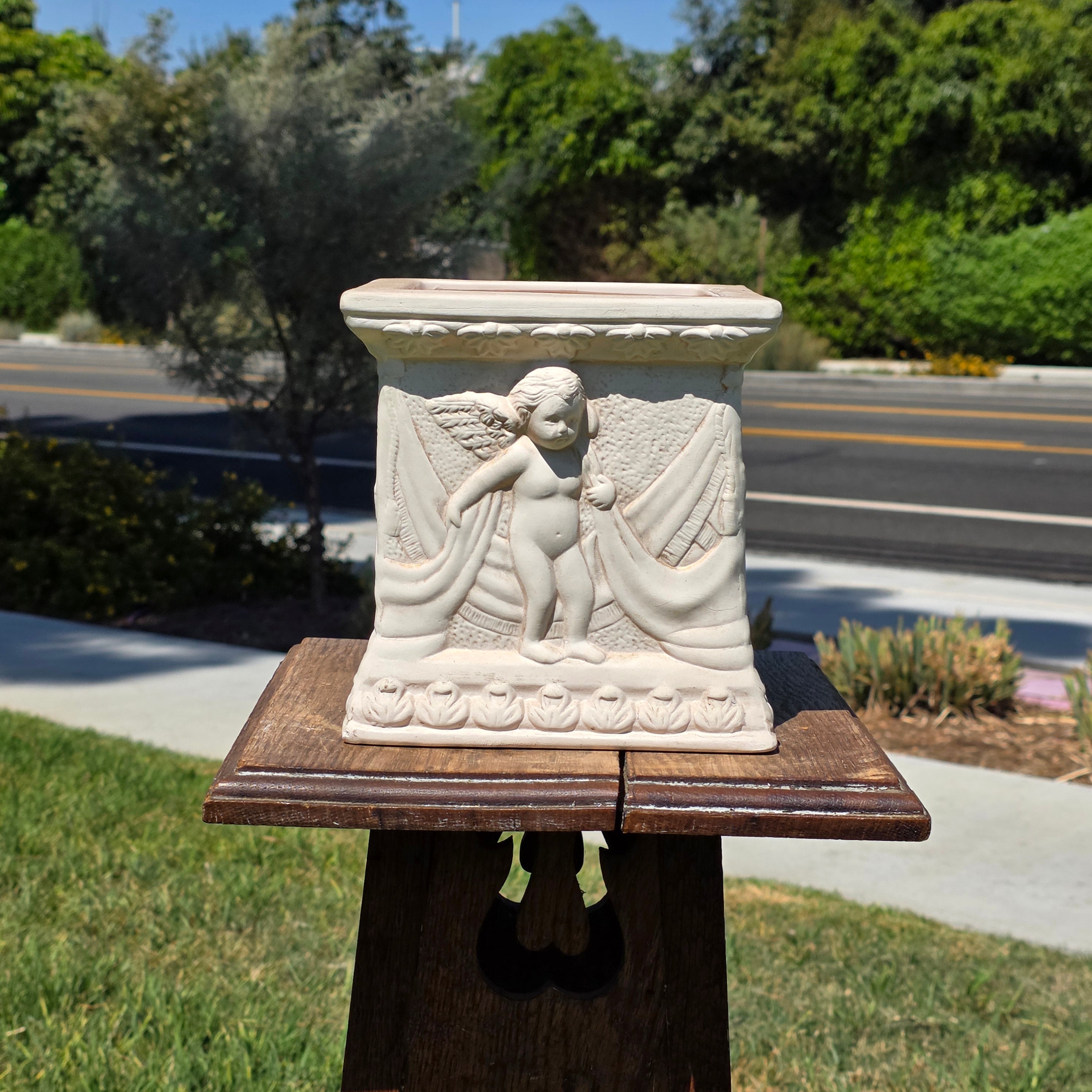 Vintage Neoclassical Cherub Angel Square Planter Box Cachepot Off White Cream 7"