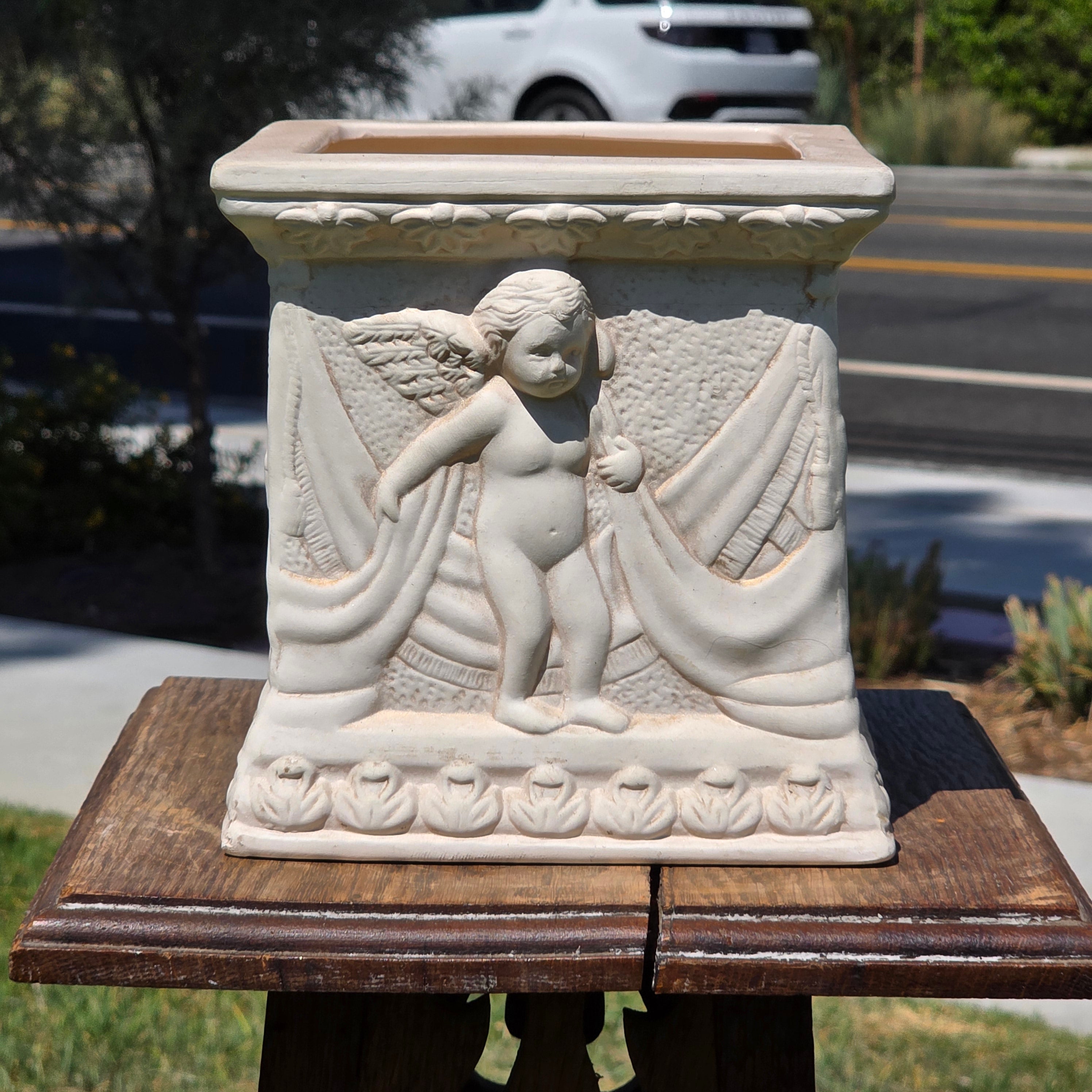Vintage Neoclassical Cherub Angel Square Planter Box Cachepot Off White Cream 7"