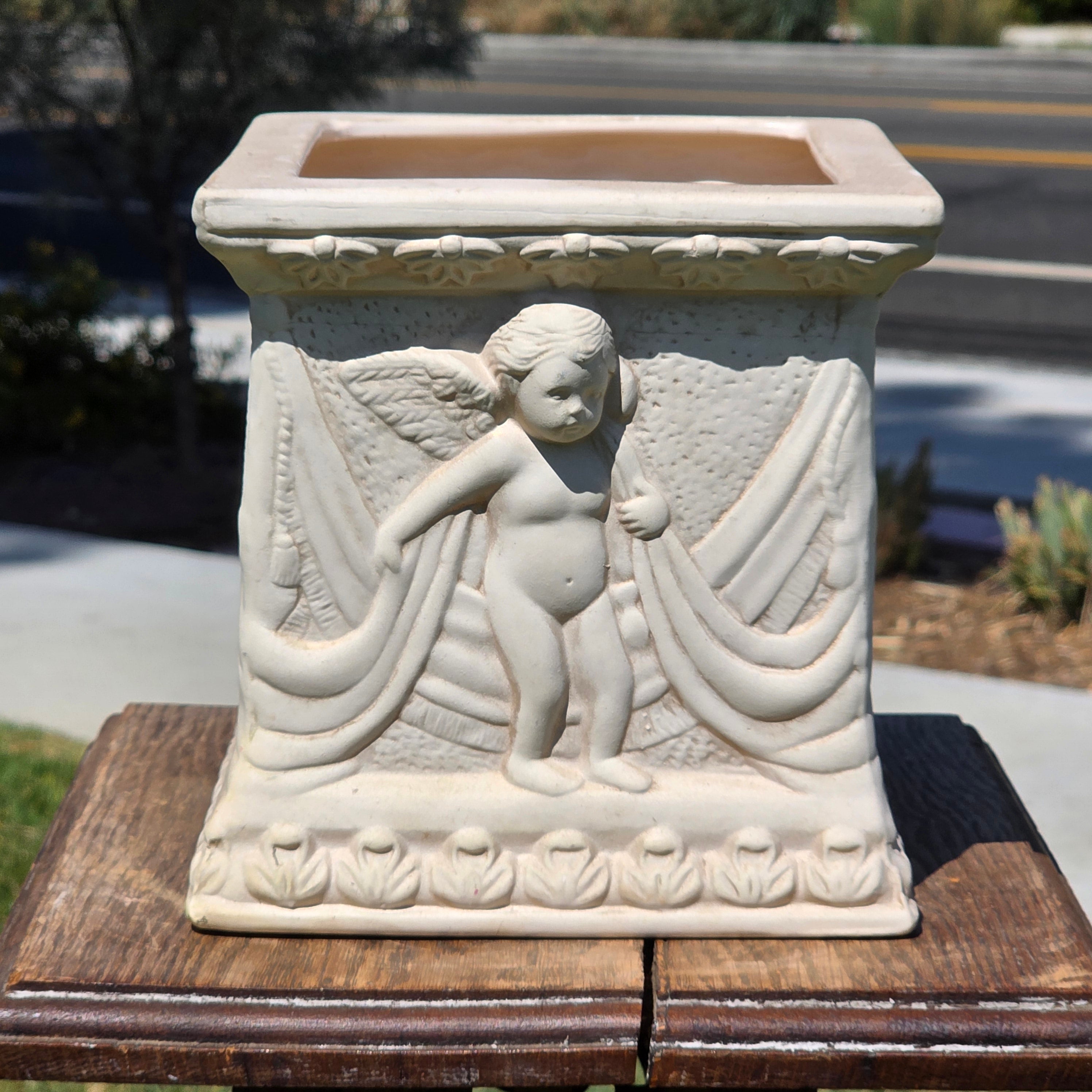 Vintage Neoclassical Cherub Angel Square Planter Box Cachepot Off White Cream 7"