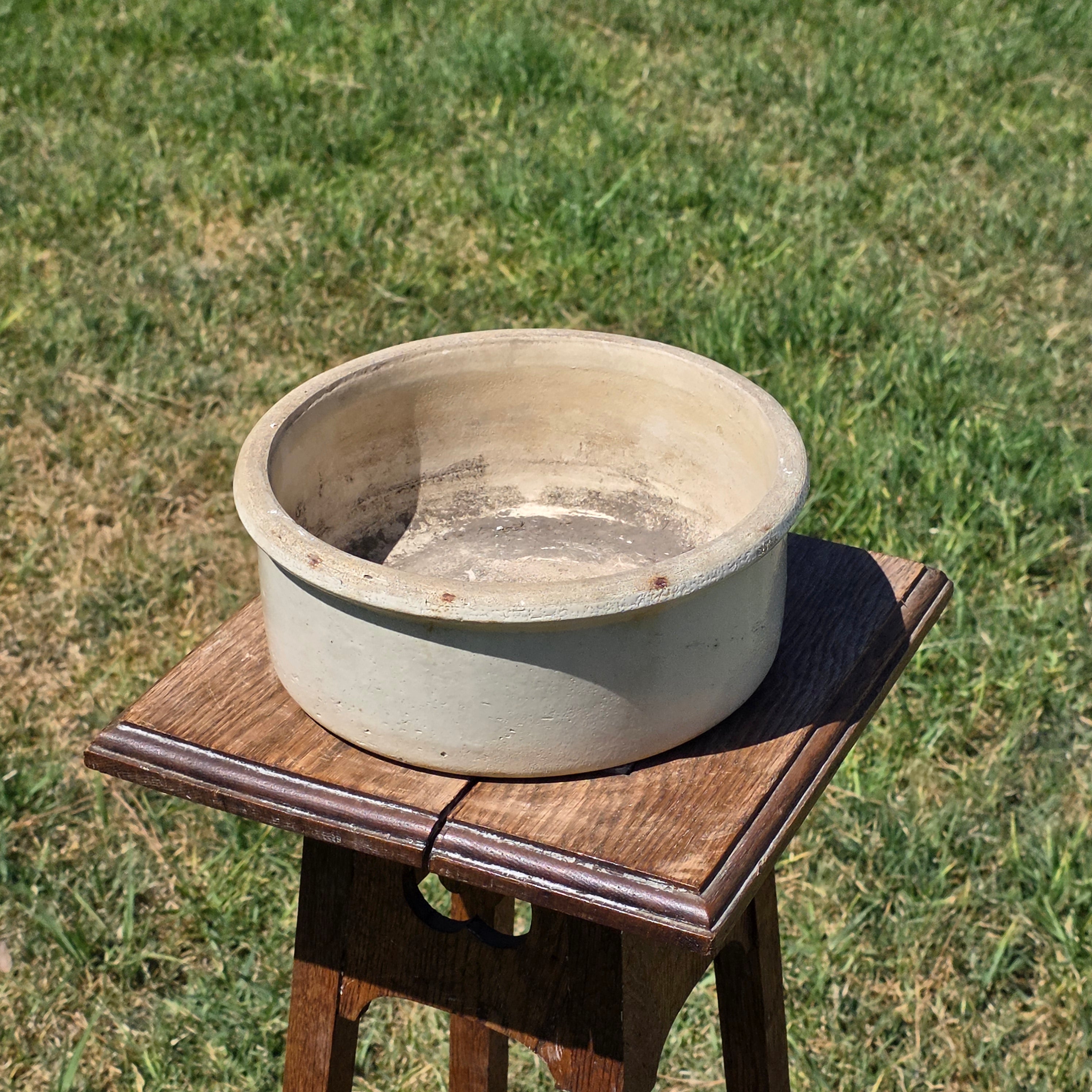 Antique Stoneware Planter Pot Shallow Bowl Beige Clay Farmhouse Garden 9.25”