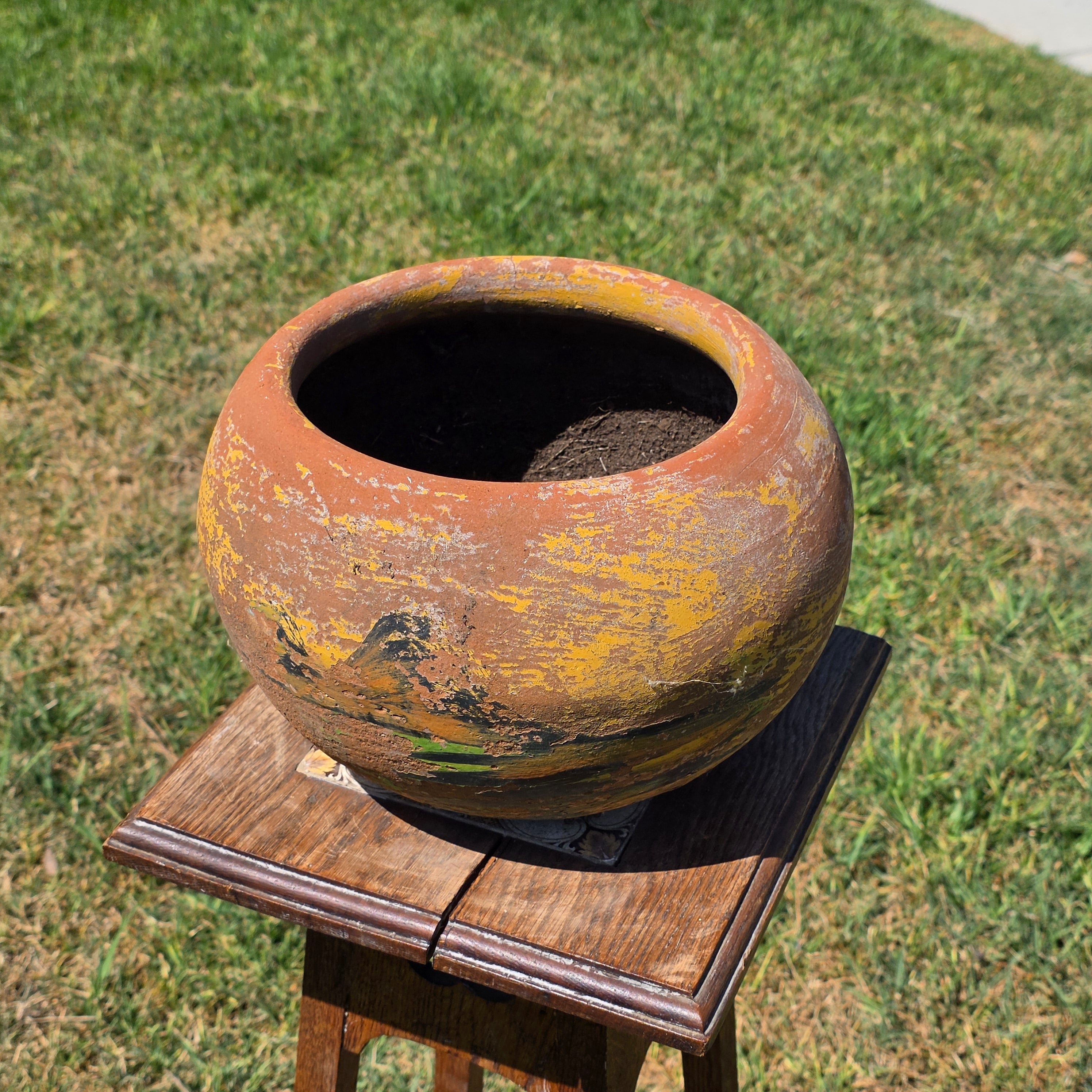 Vintage Mexican Terracotta Planter Pot Hand Painted Landscape Rustic Garden 11"