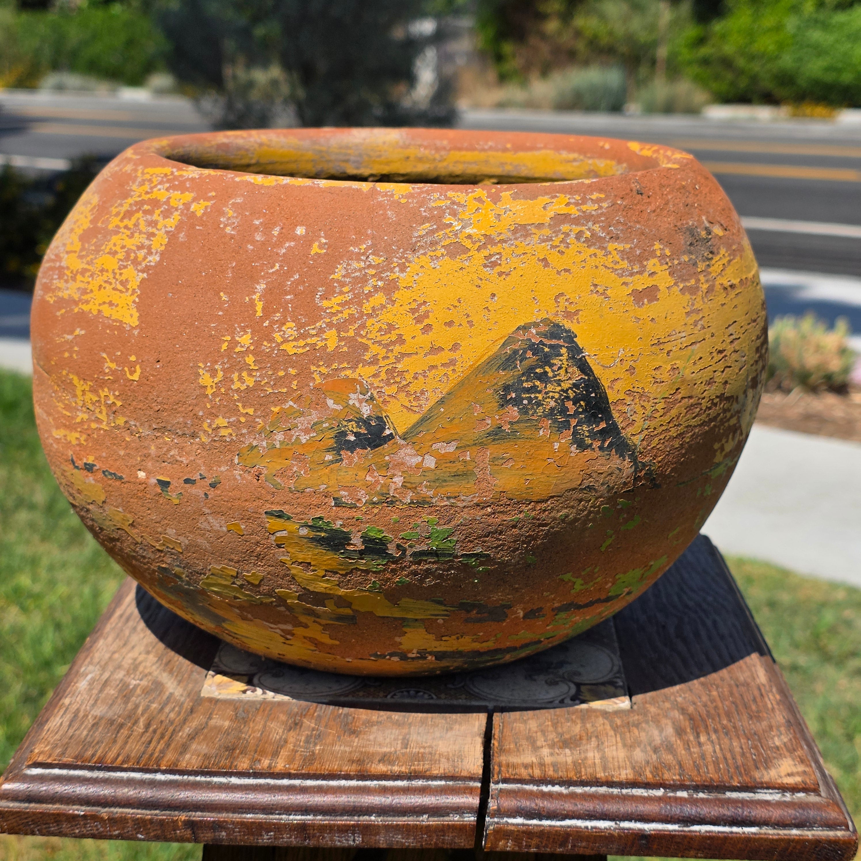 Vintage Mexican Terracotta Planter Pot Hand Painted Landscape Rustic Garden 11"
