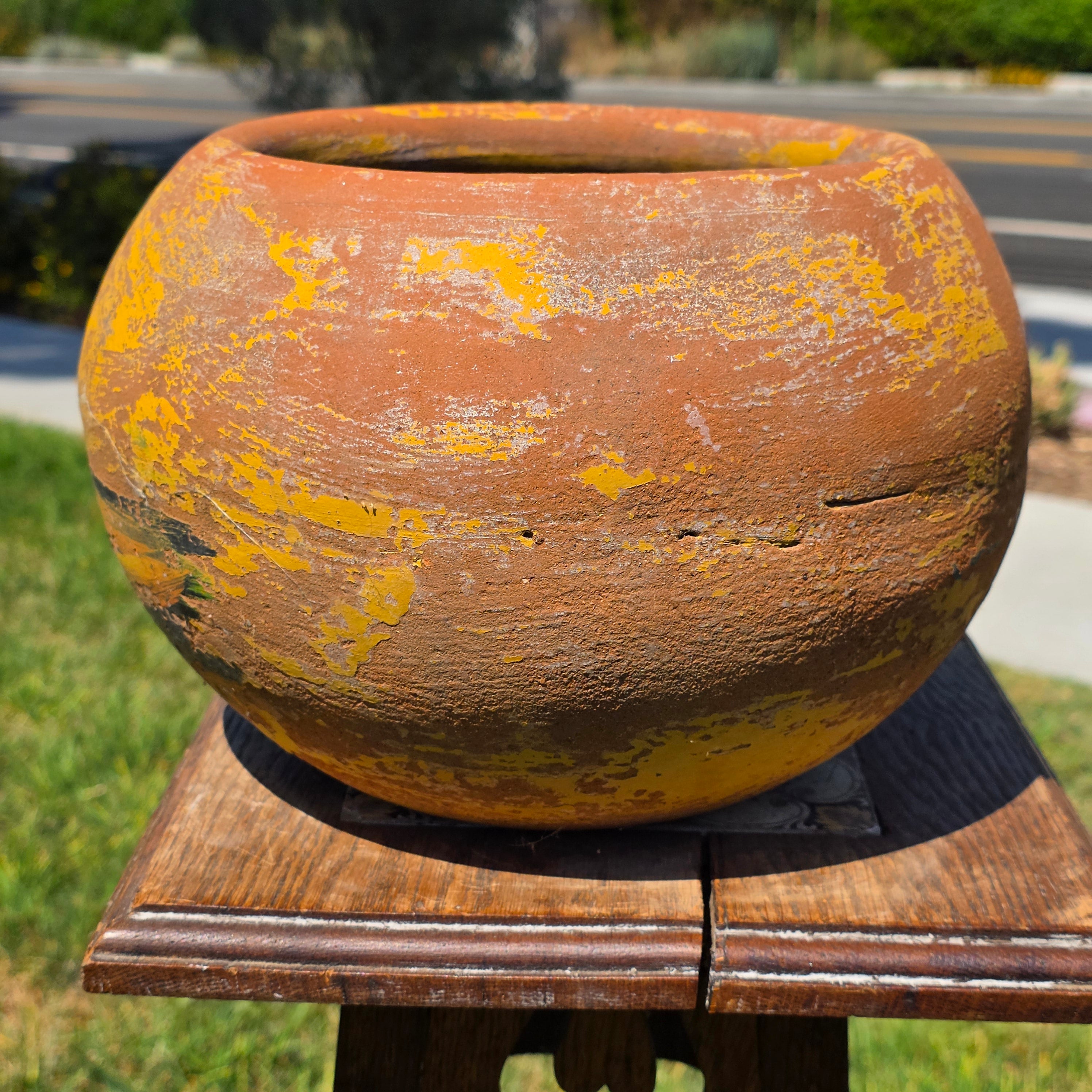 Vintage Mexican Terracotta Planter Pot Hand Painted Landscape Rustic Garden 11"