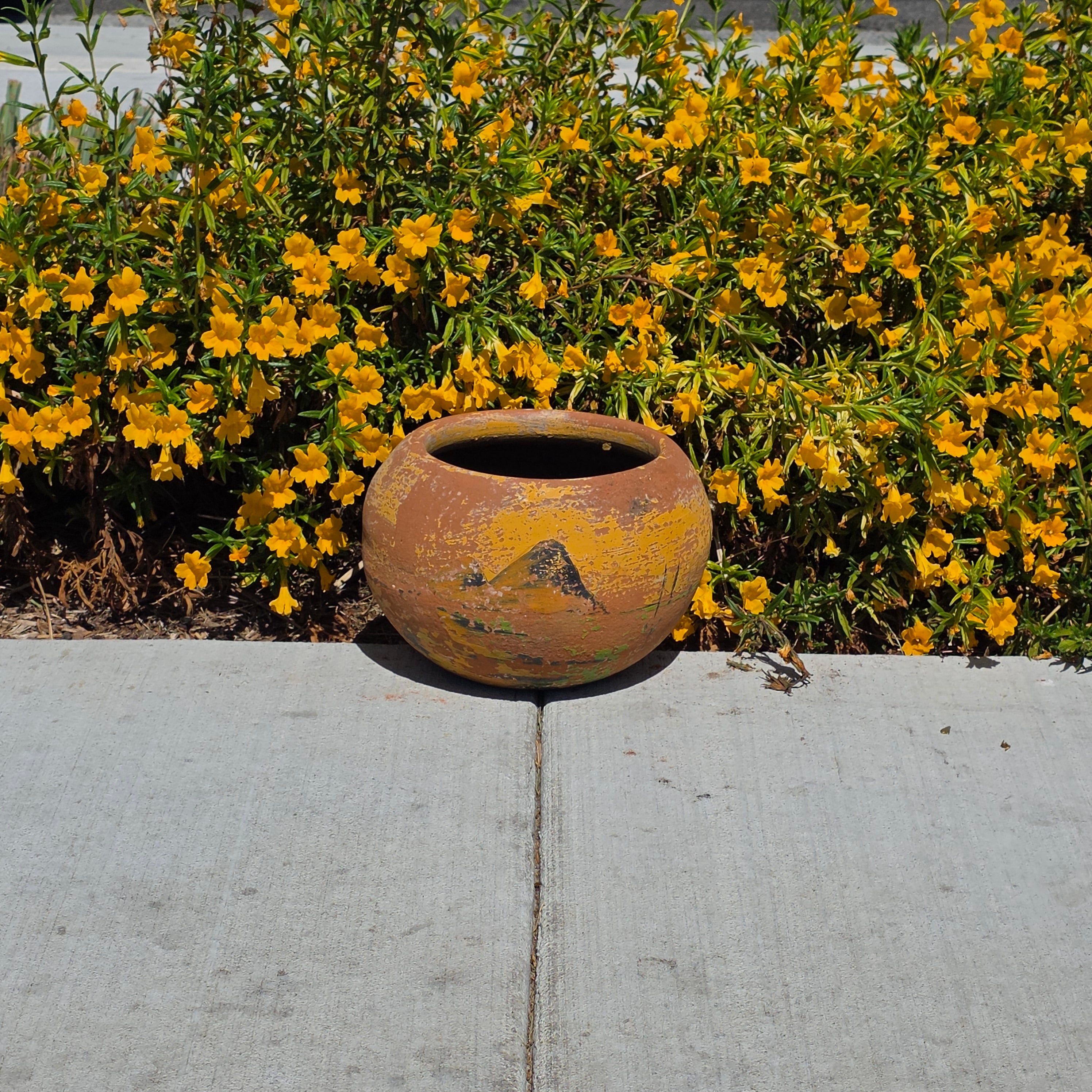 Vintage Mexican Terracotta Planter Pot Hand Painted Landscape Rustic Garden 11"
