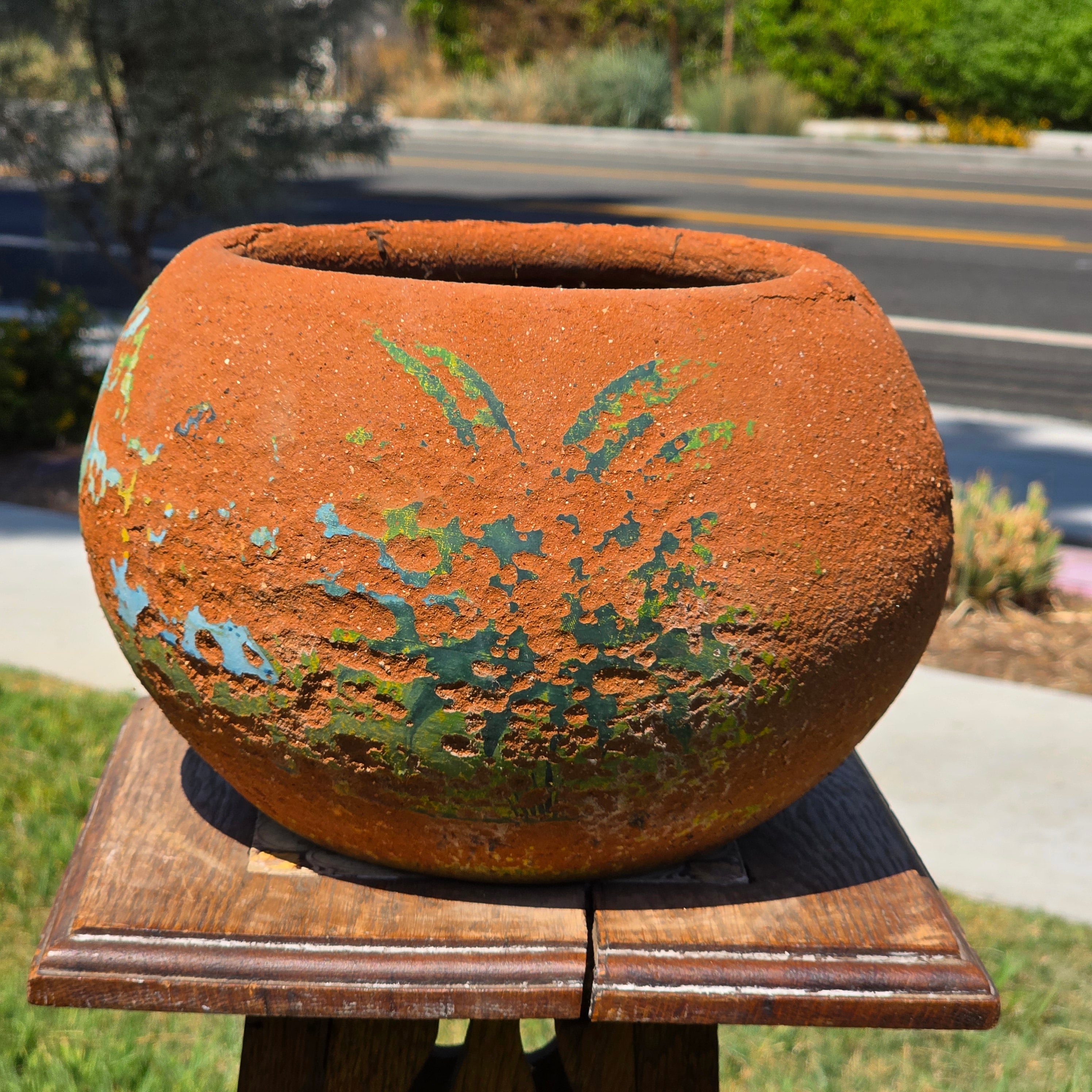 Vintage Mexican Terracotta Planter Pot Hand Painted Rustic Clay Garden 11"