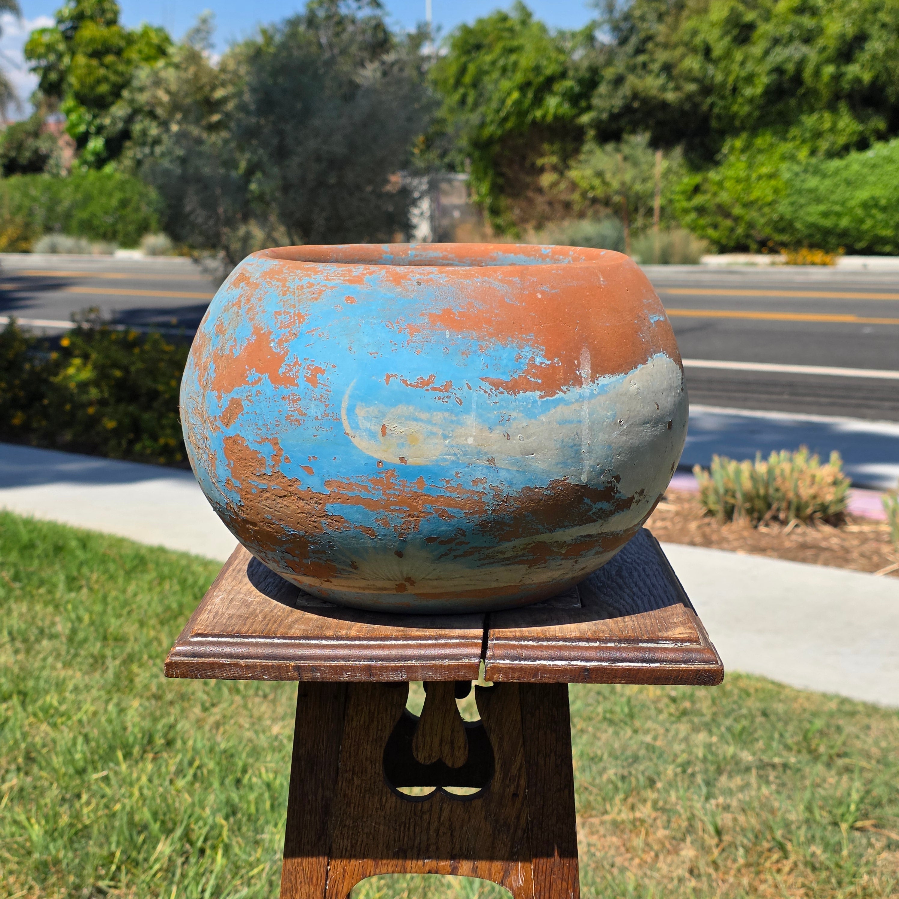 Vintage Mexican Terracotta Planter Pot Hand Painted Blue Sky Garden Clay 11"