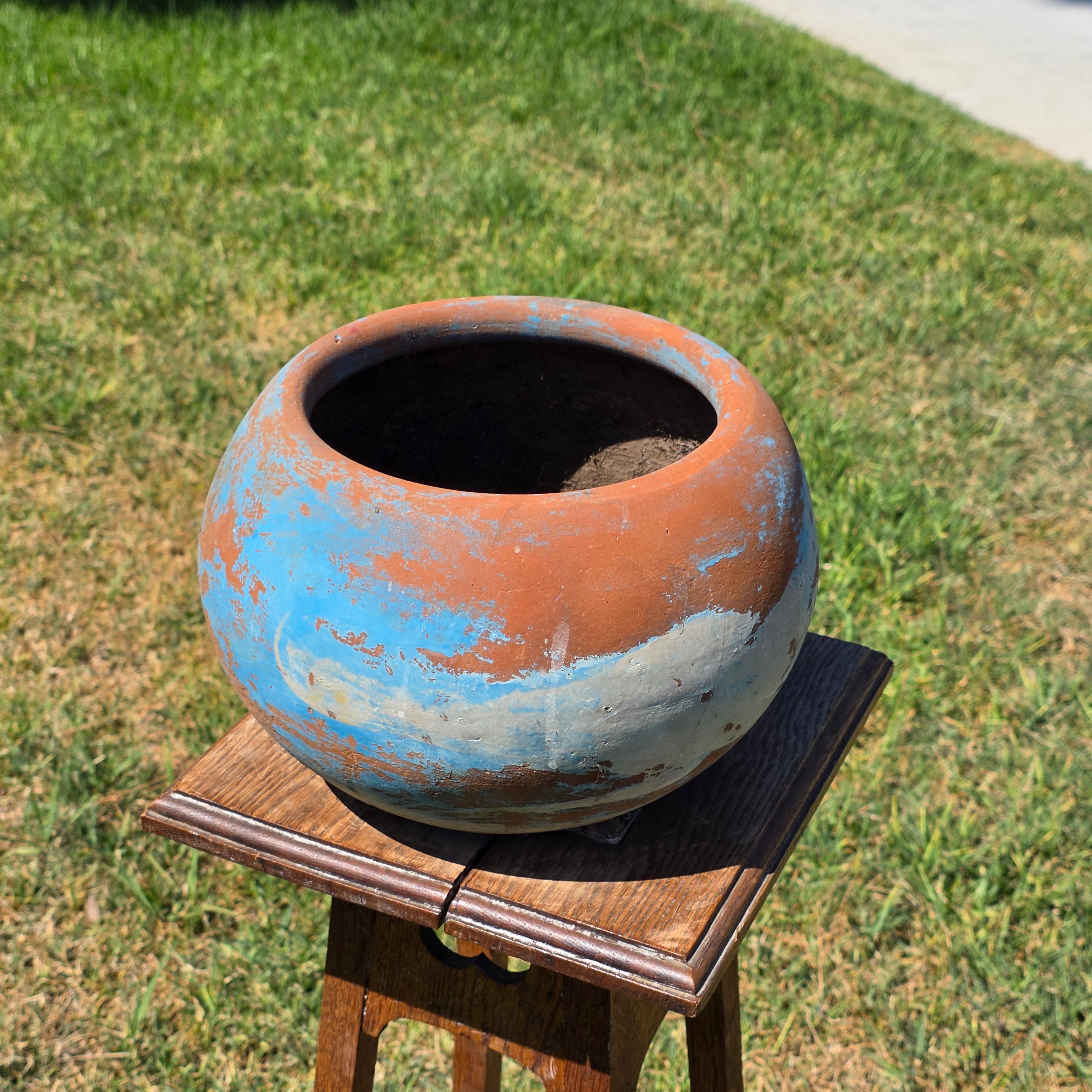 Vintage Mexican Terracotta Planter Pot Hand Painted Blue Sky Garden Clay 11"