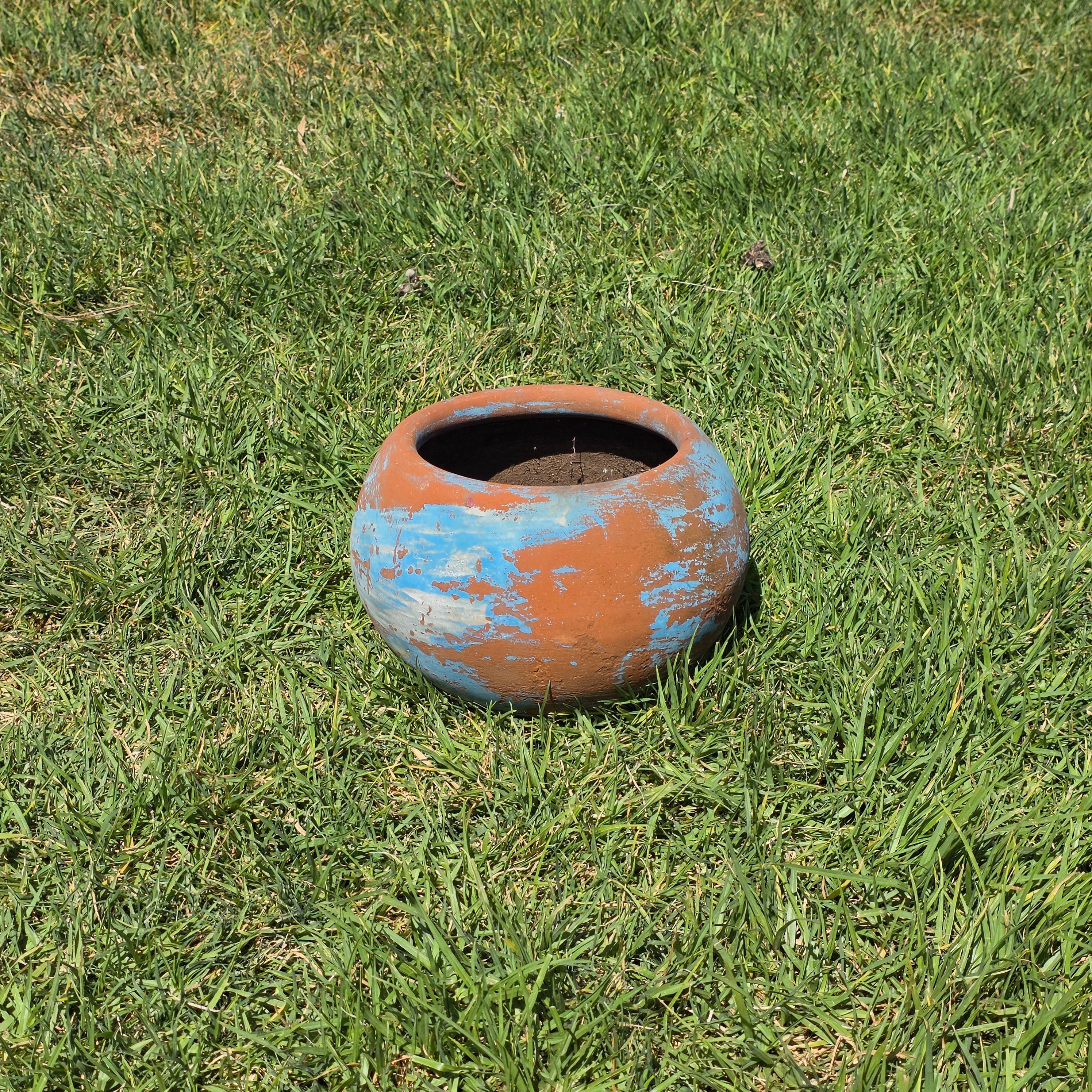 Vintage Mexican Terracotta Planter Pot Hand Painted Blue Sky Garden Clay 11"