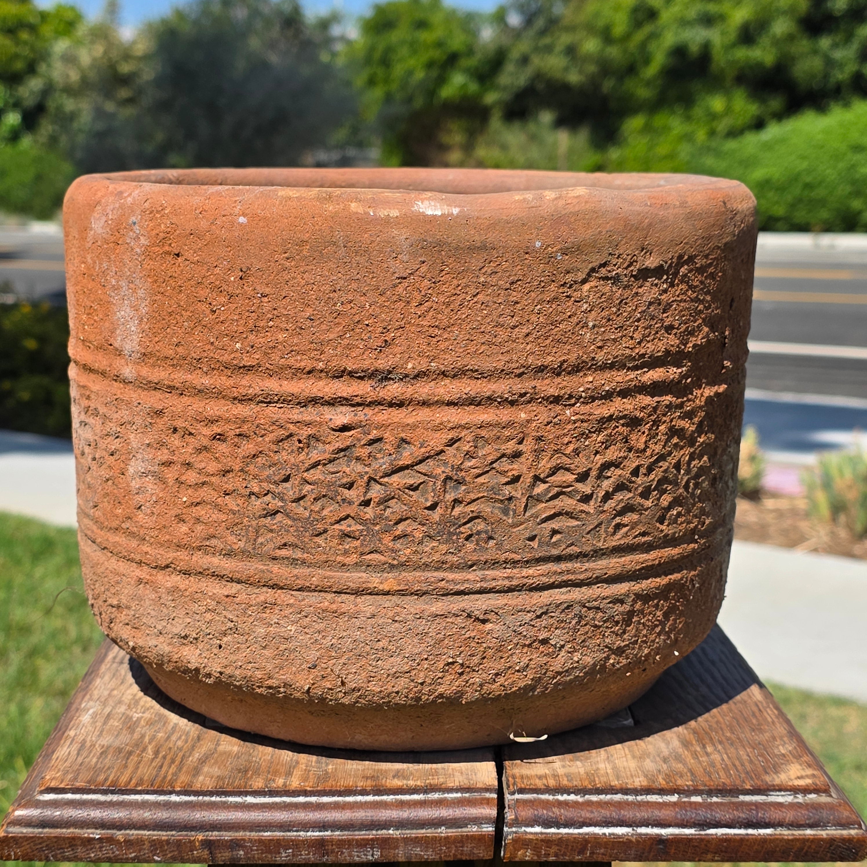 Vintage Terracotta Planter Pot Carved Geometric Heavy Clay Garden Cylinder 10"
