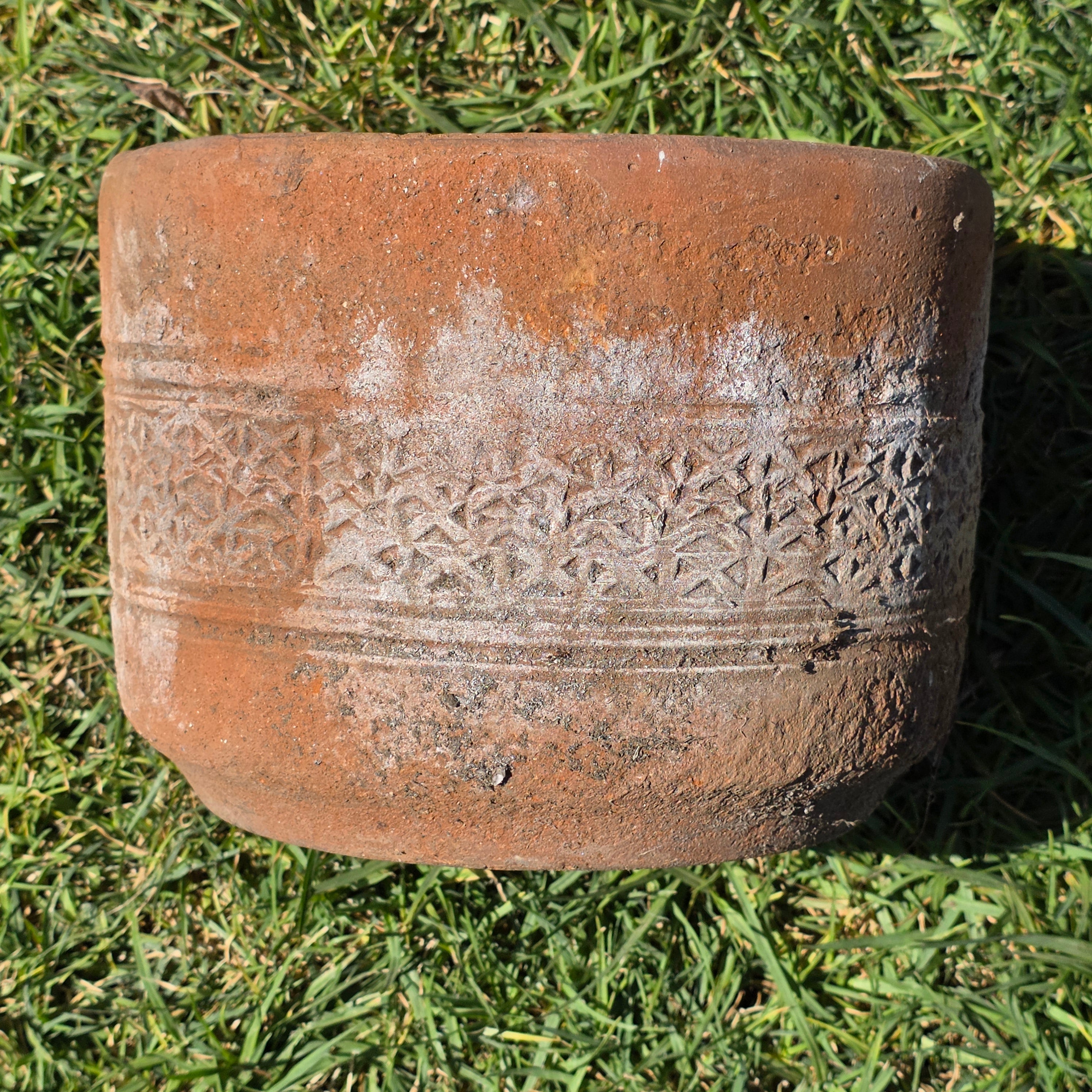 Vintage Terracotta Planter Pot Carved Geometric Heavy Clay Garden Cylinder 10"