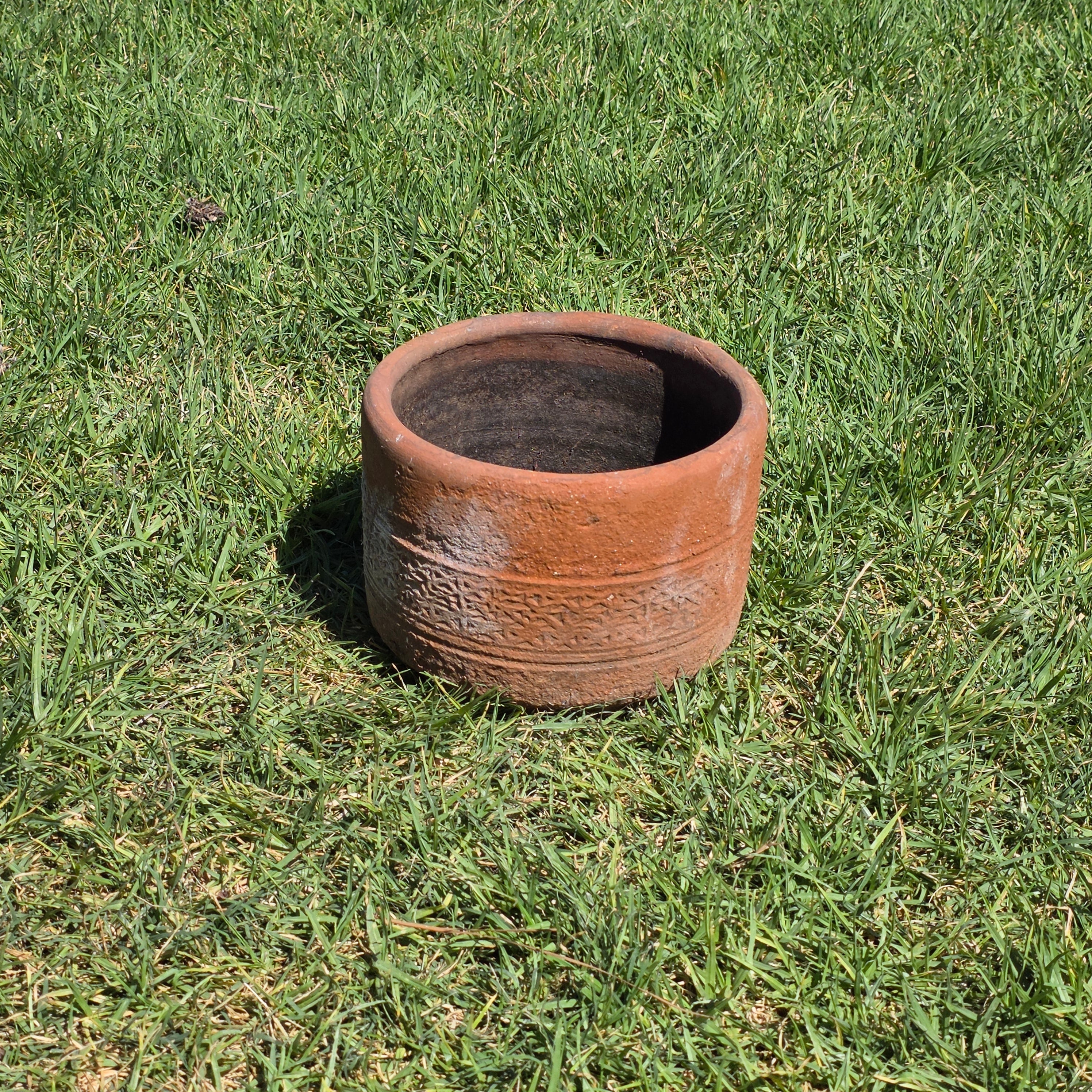 Vintage Terracotta Planter Pot Carved Geometric Heavy Clay Garden Cylinder 10"