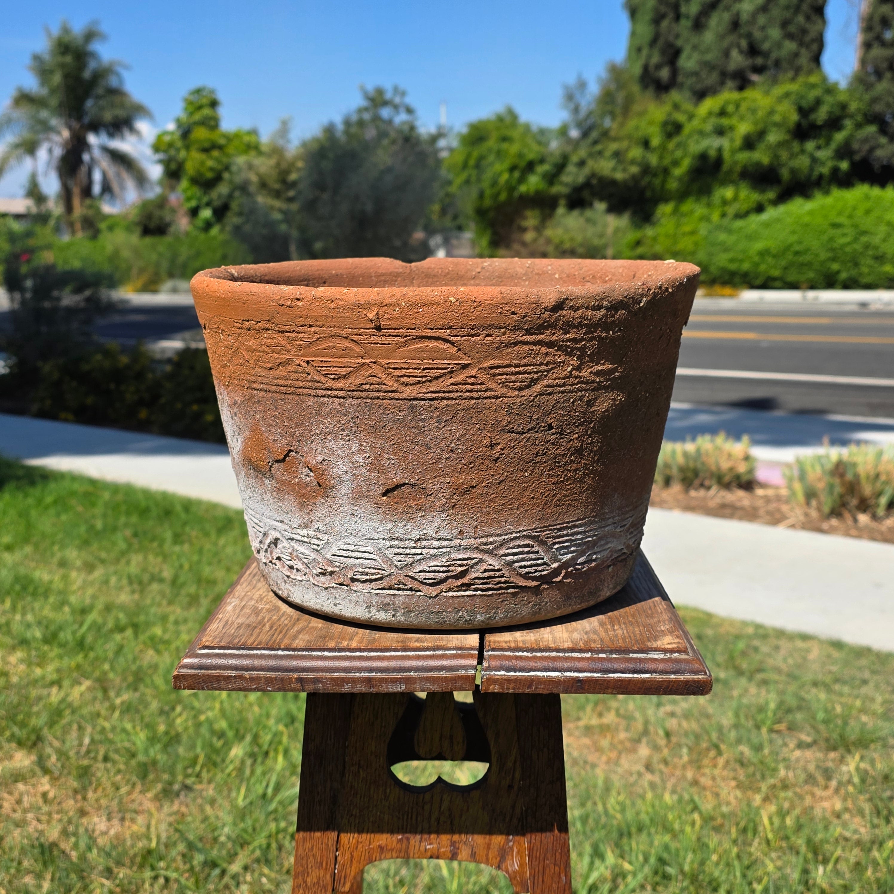 Vintage Terracotta Planter Pot Rustic Clay Carved Pattern Weathered Garden 12"