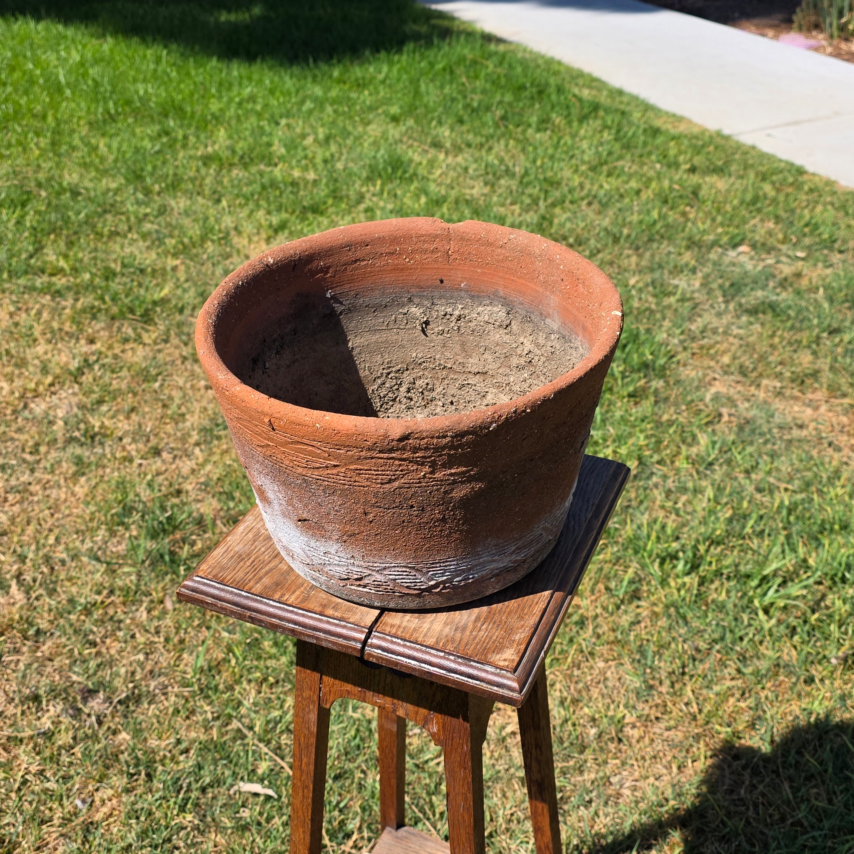 Vintage Terracotta Planter Pot Rustic Clay Carved Pattern Weathered Garden 12"