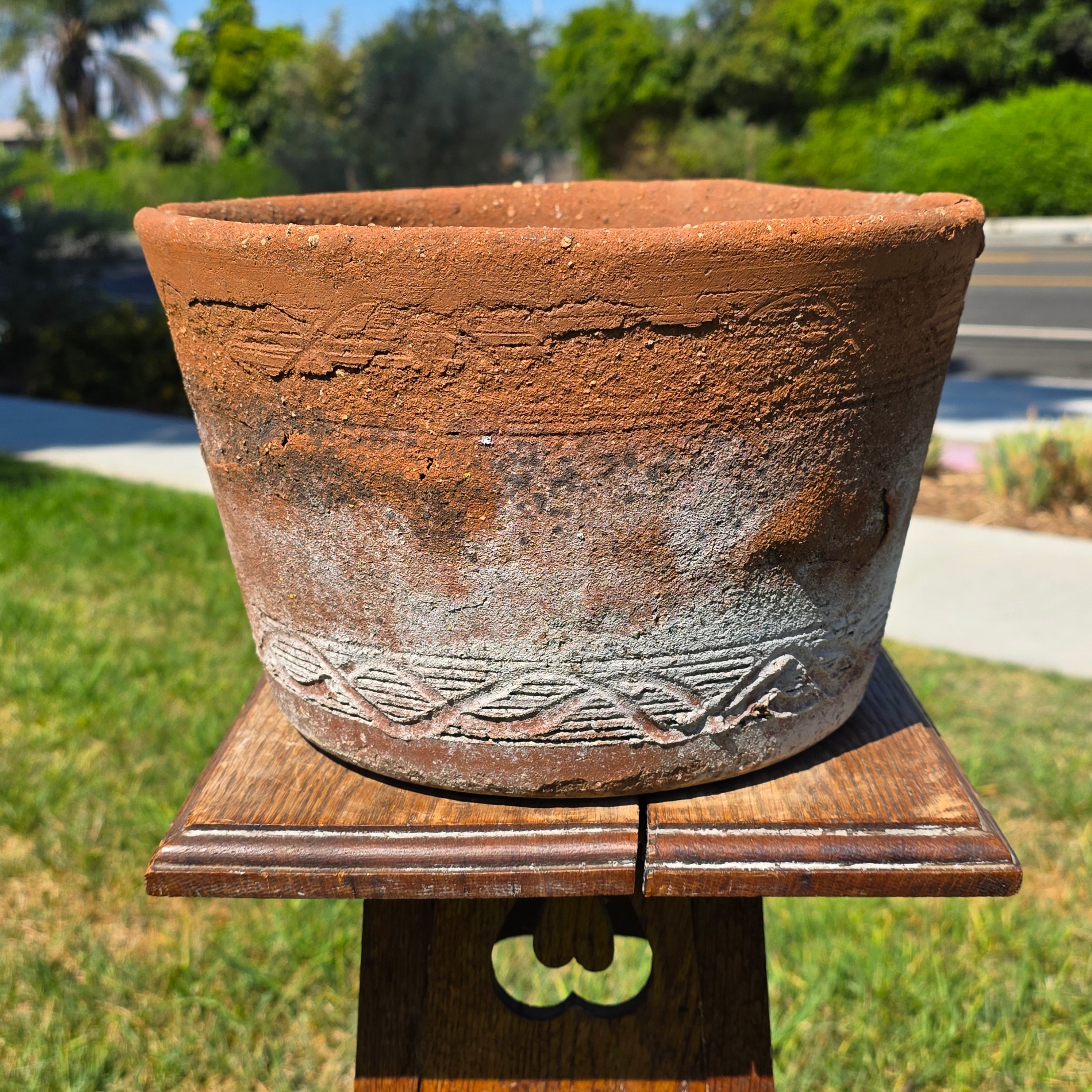 Vintage Terracotta Planter Pot Rustic Clay Carved Pattern Weathered Garden 12"