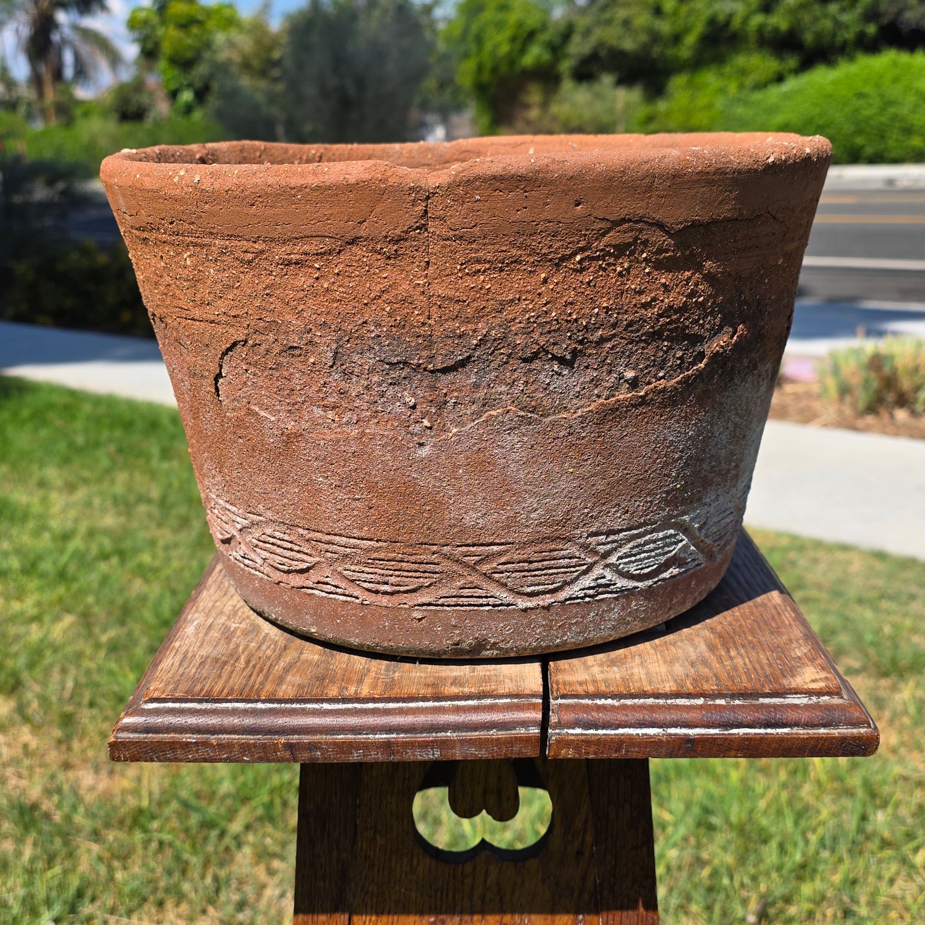 Vintage Terracotta Planter Pot Rustic Clay Carved Pattern Weathered Garden 12"