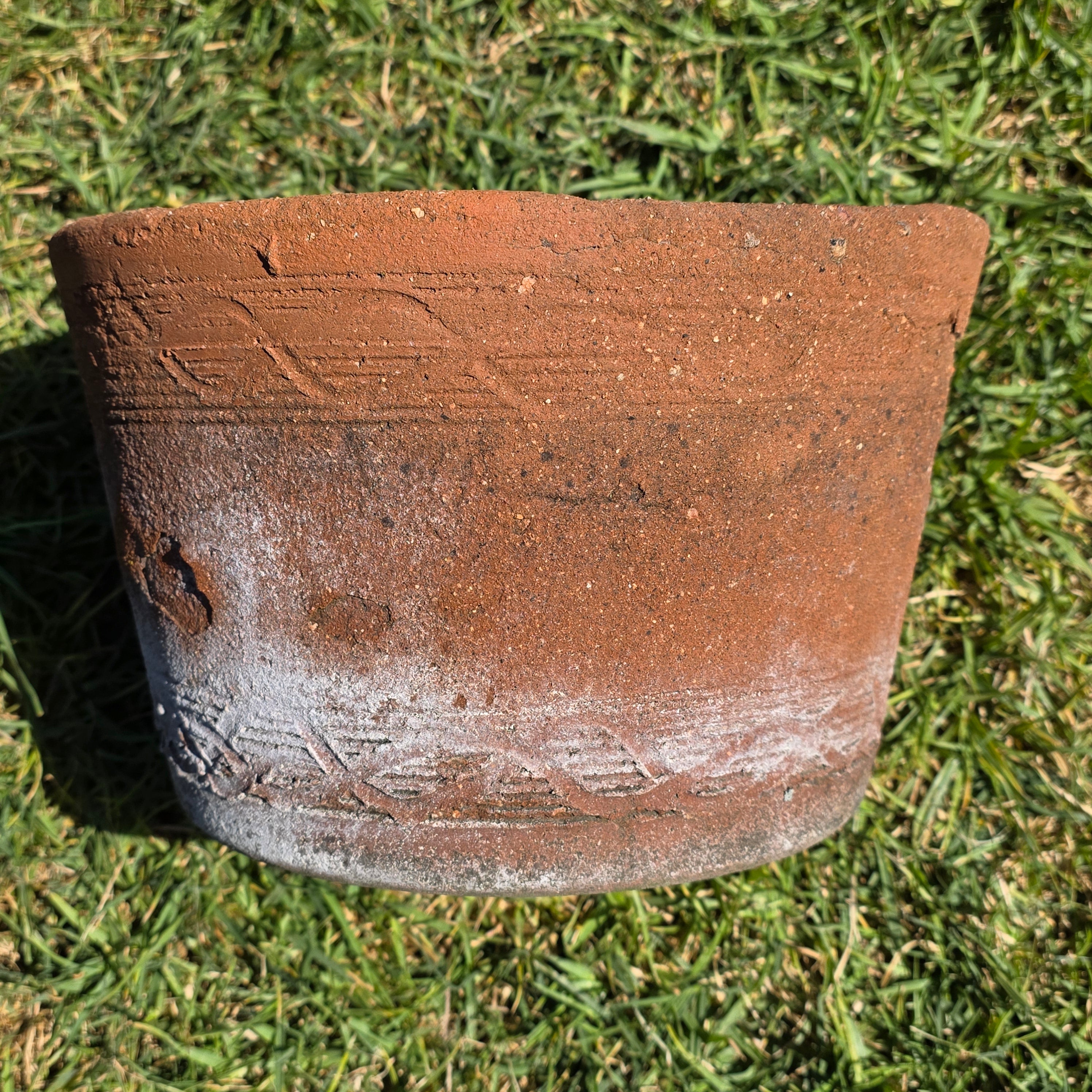 Vintage Terracotta Planter Pot Rustic Clay Carved Pattern Weathered Garden 12"