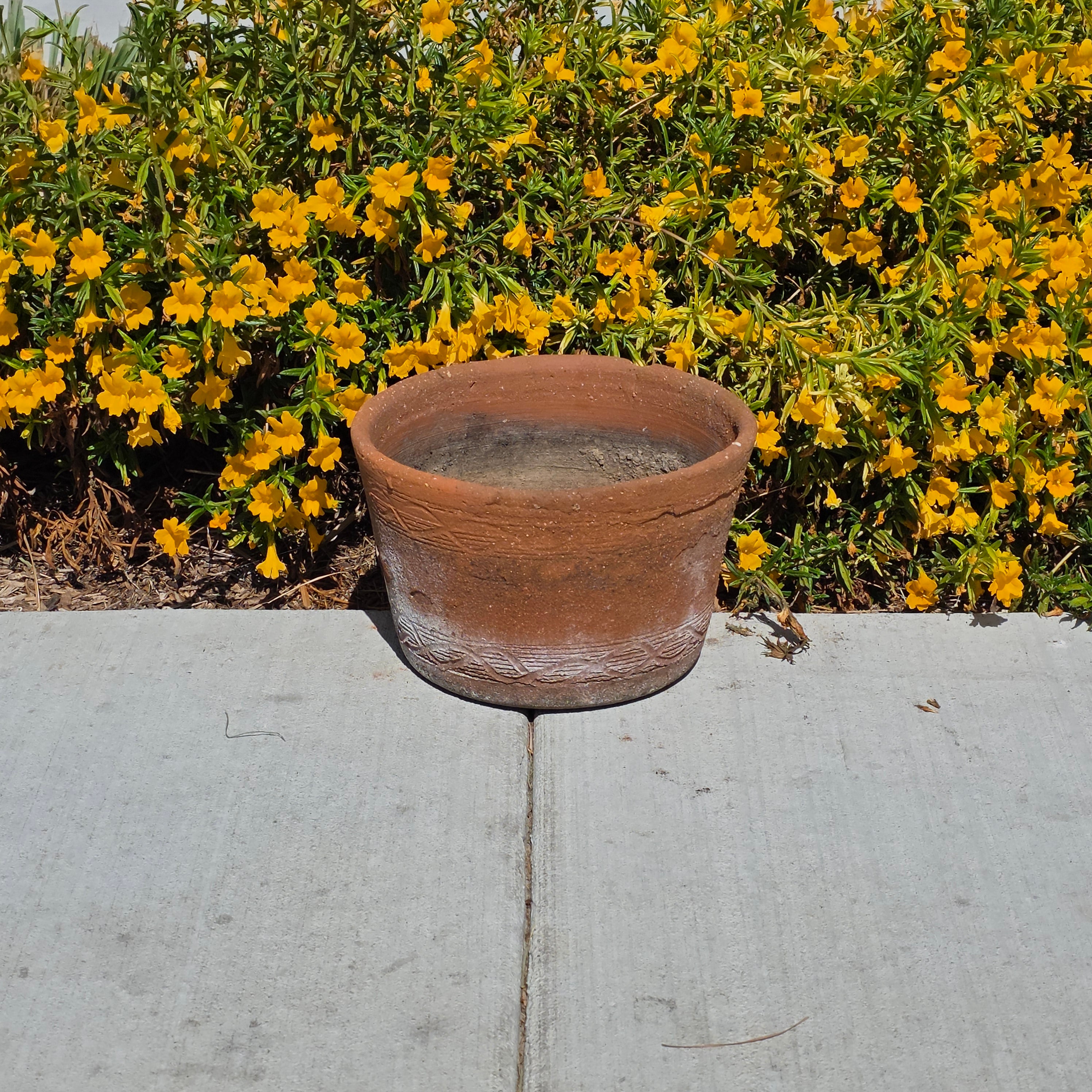 Vintage Terracotta Planter Pot Rustic Clay Carved Pattern Weathered Garden 12"