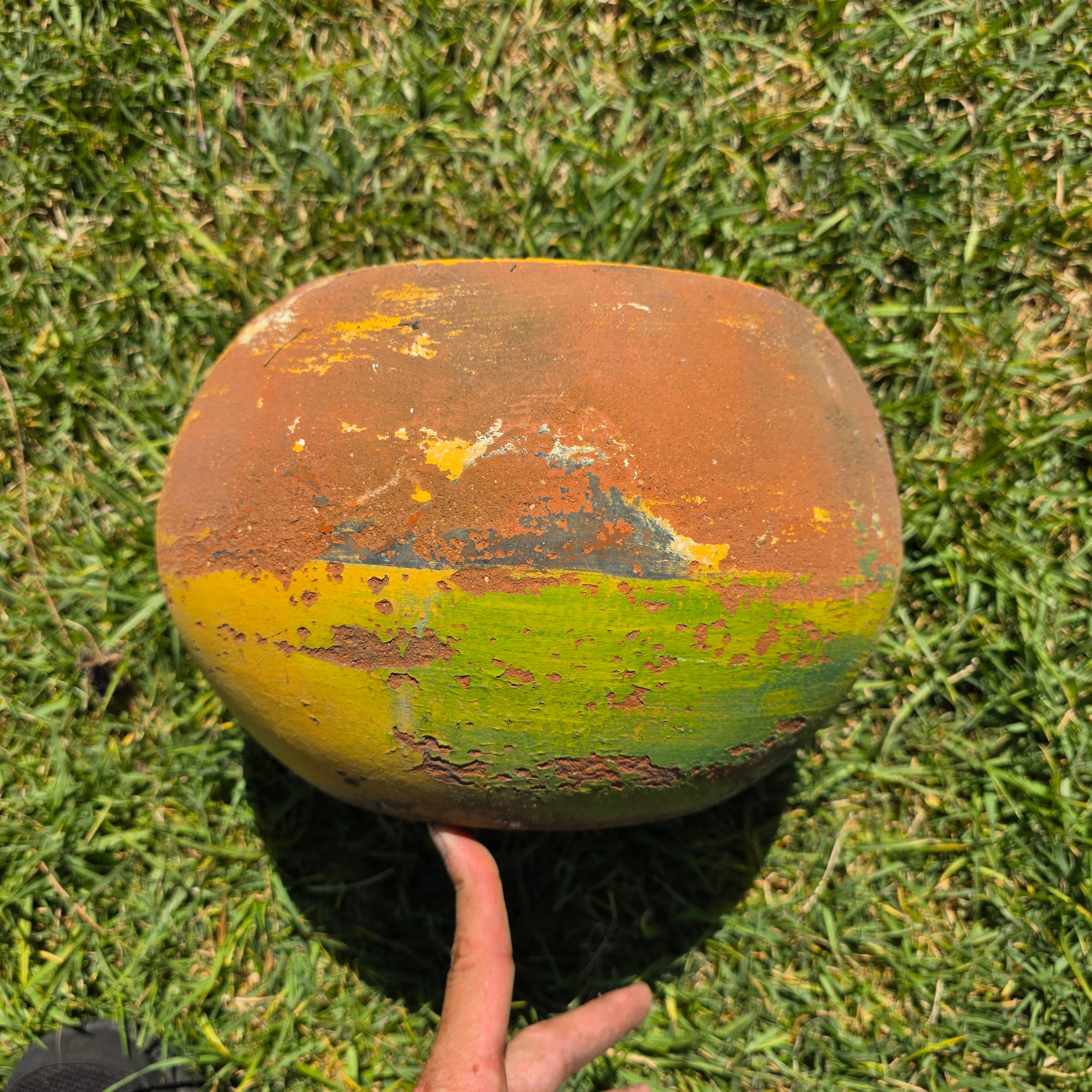 Share Vintage Mexican Terracotta Planter Pot Hand Painted Yellow Green Garden Clay 11"