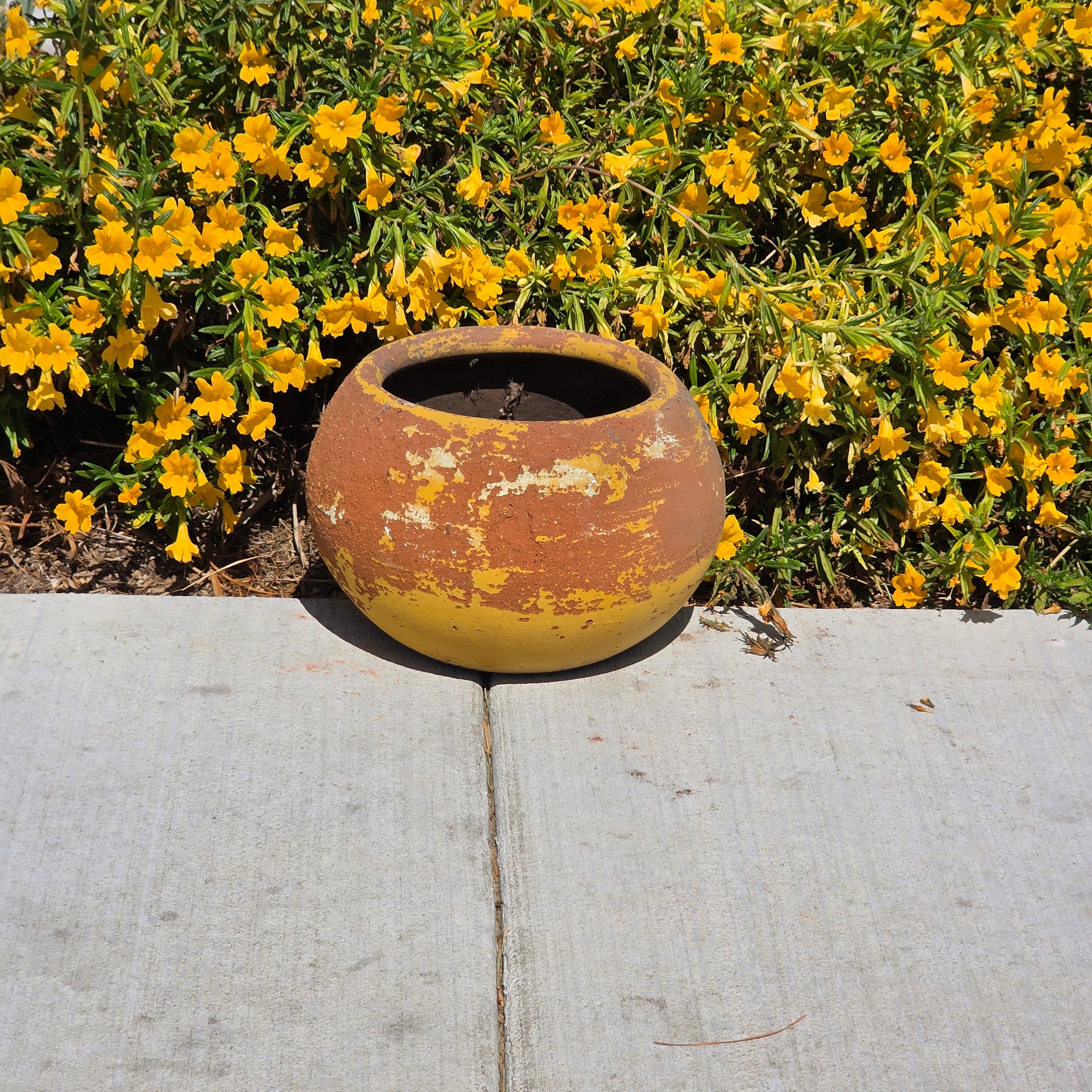 Share Vintage Mexican Terracotta Planter Pot Hand Painted Yellow Green Garden Clay 11"
