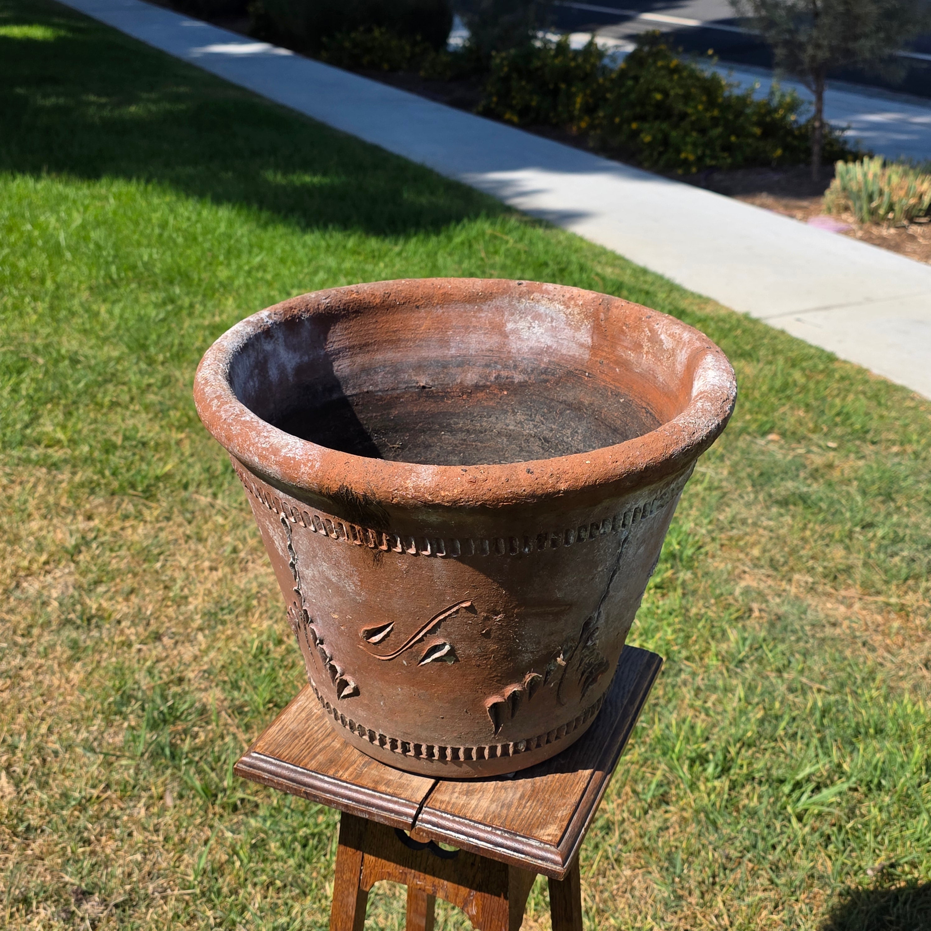 Share Vintage Large Terracotta Planter Pot Rustic Clay Floral Carved Weathered 16"