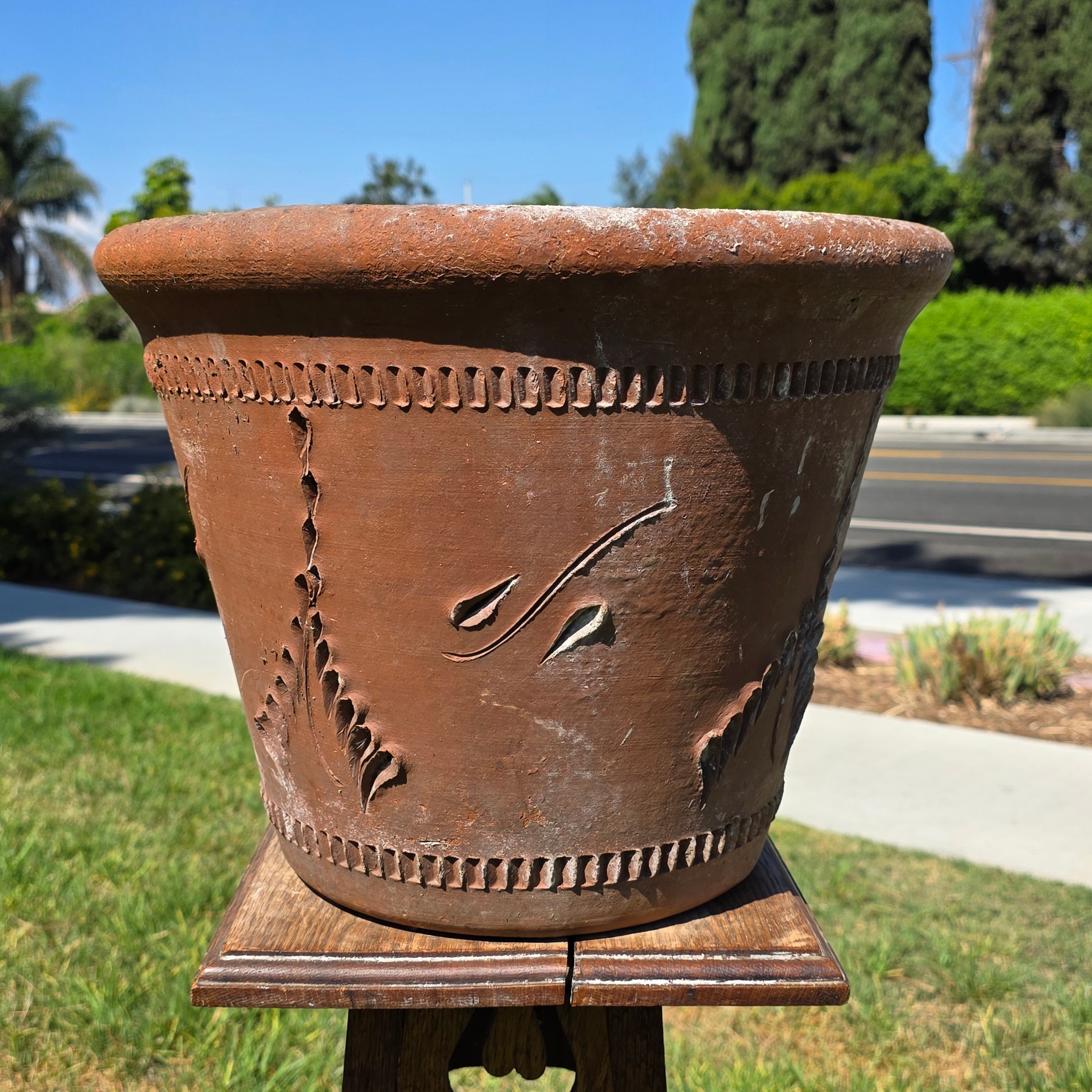 Share Vintage Large Terracotta Planter Pot Rustic Clay Floral Carved Weathered 16"