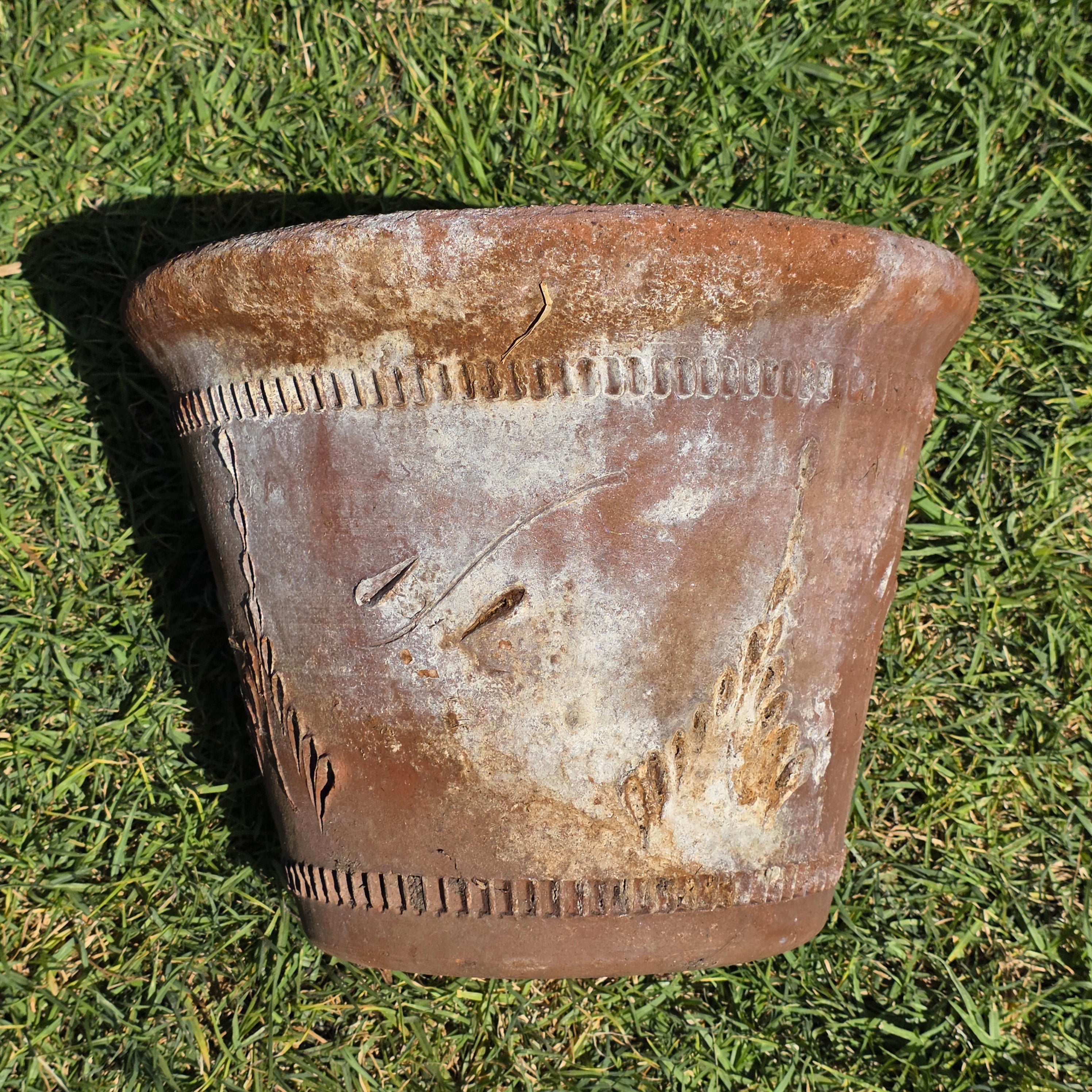 Share Vintage Large Terracotta Planter Pot Rustic Clay Floral Carved Weathered 16"