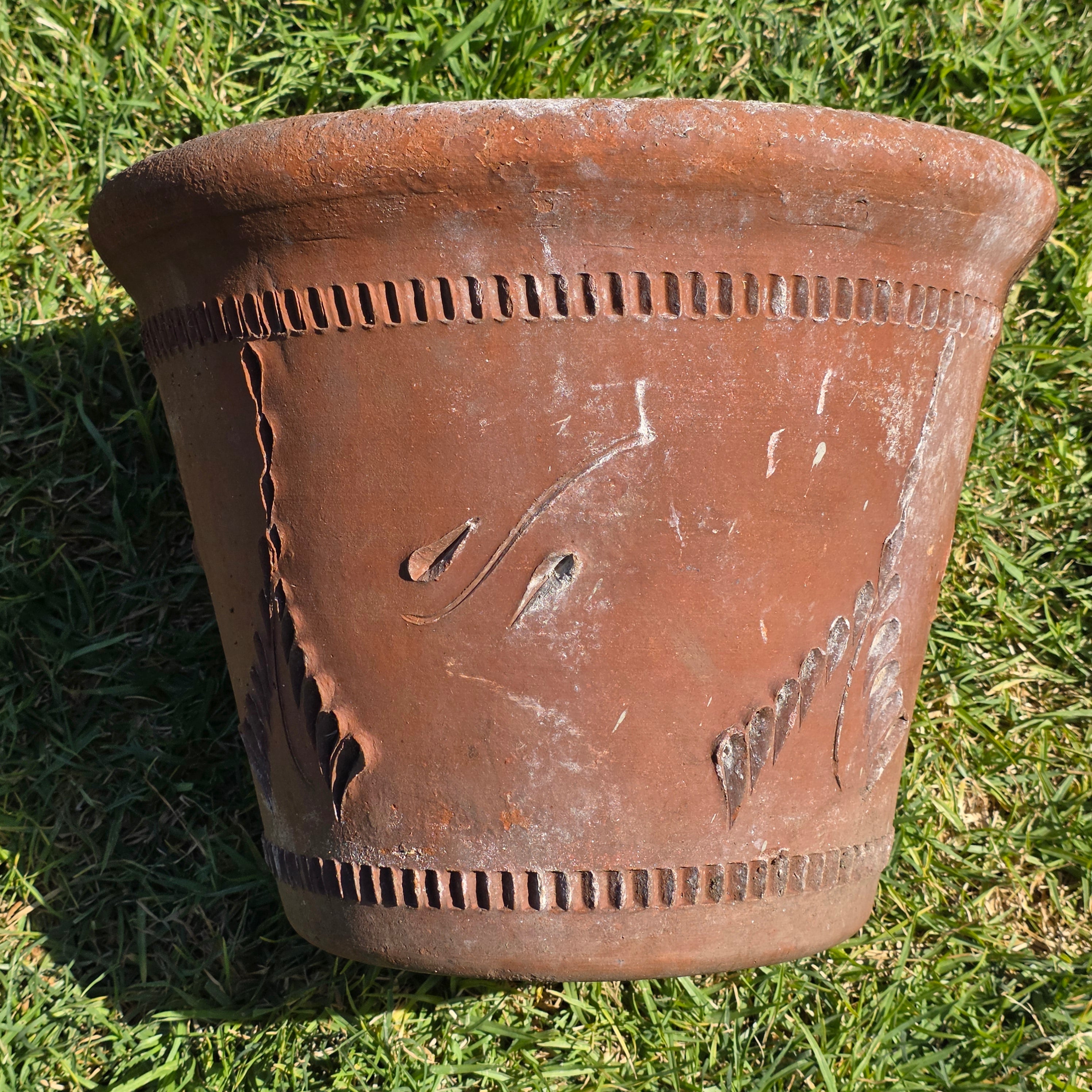 Share Vintage Large Terracotta Planter Pot Rustic Clay Floral Carved Weathered 16"
