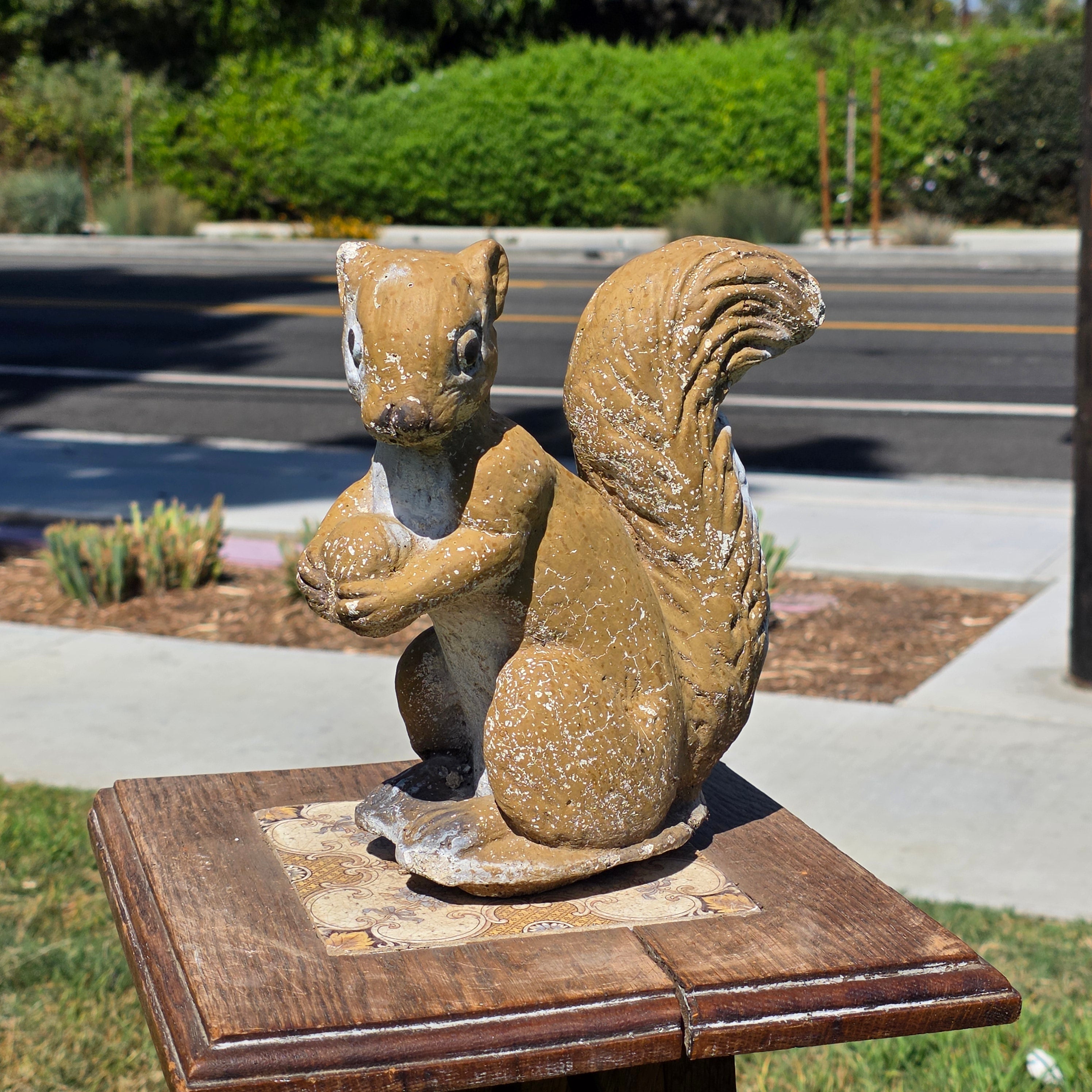 Vintage Concrete Squirrel Statue Cement Garden Ornament Walnut Nut Woodland Yard
